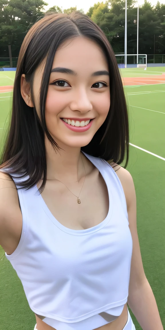 neat college girl, person, (wearing gym_uniform buruma , summer white clothes, sleeveless), outside the athletic field, (slim, small, flat, small), photorealistic, detail, skin texture, ultra detail, delicate and sexy collarbone, smile, super detailed face, detailed lips, detailed eyes, double eyelids, photos in which the body is facing forward, cleavage cutout, tank top ,
