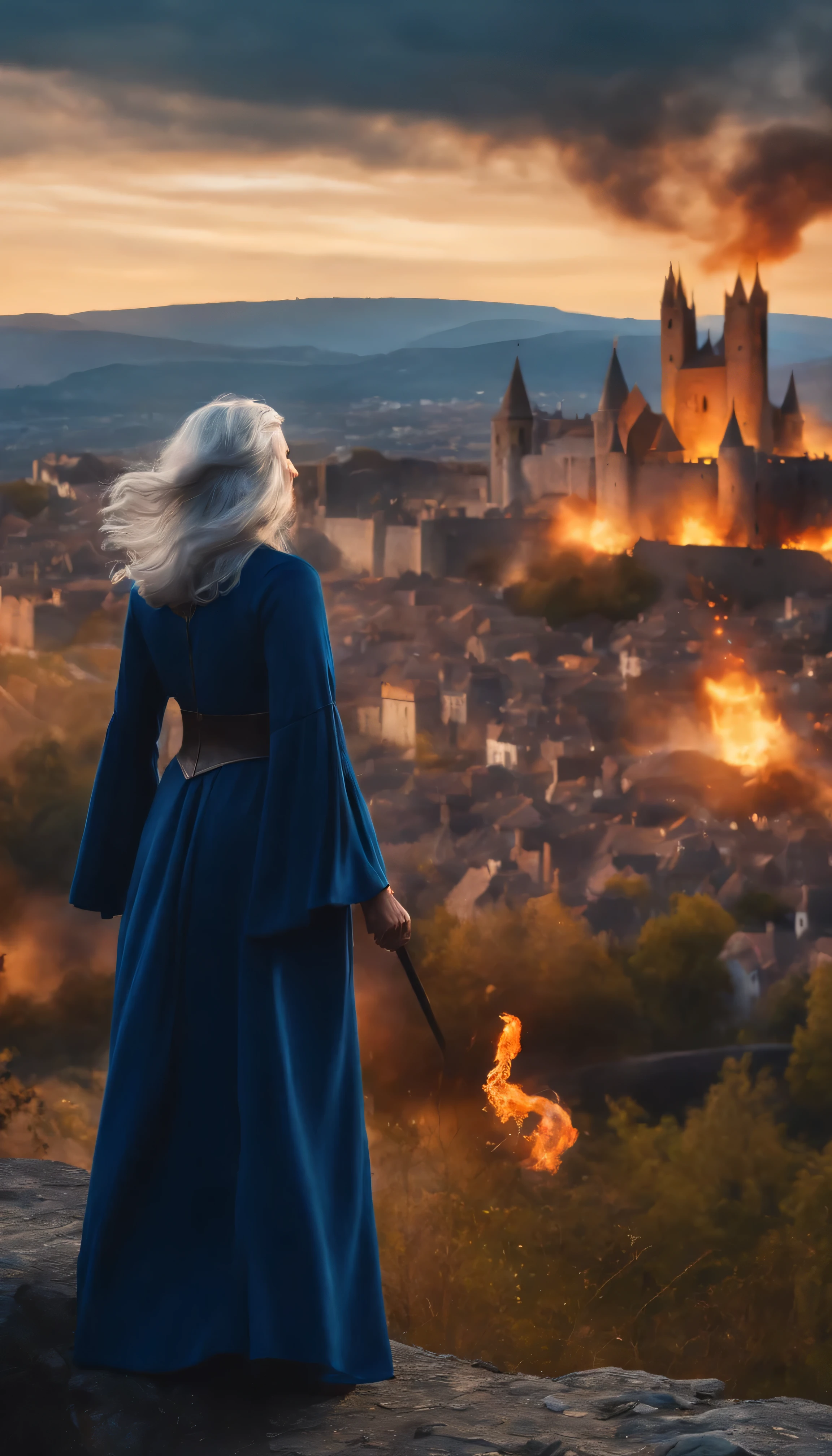 8k, close distance portrait, a female wizard with blue clothes and grey short hair from behind, hand up to the sky, throwing a super massive huge fireball toward a medieval city in the distance from hill, with a burning medieval city background the distance, city destroyed and burning