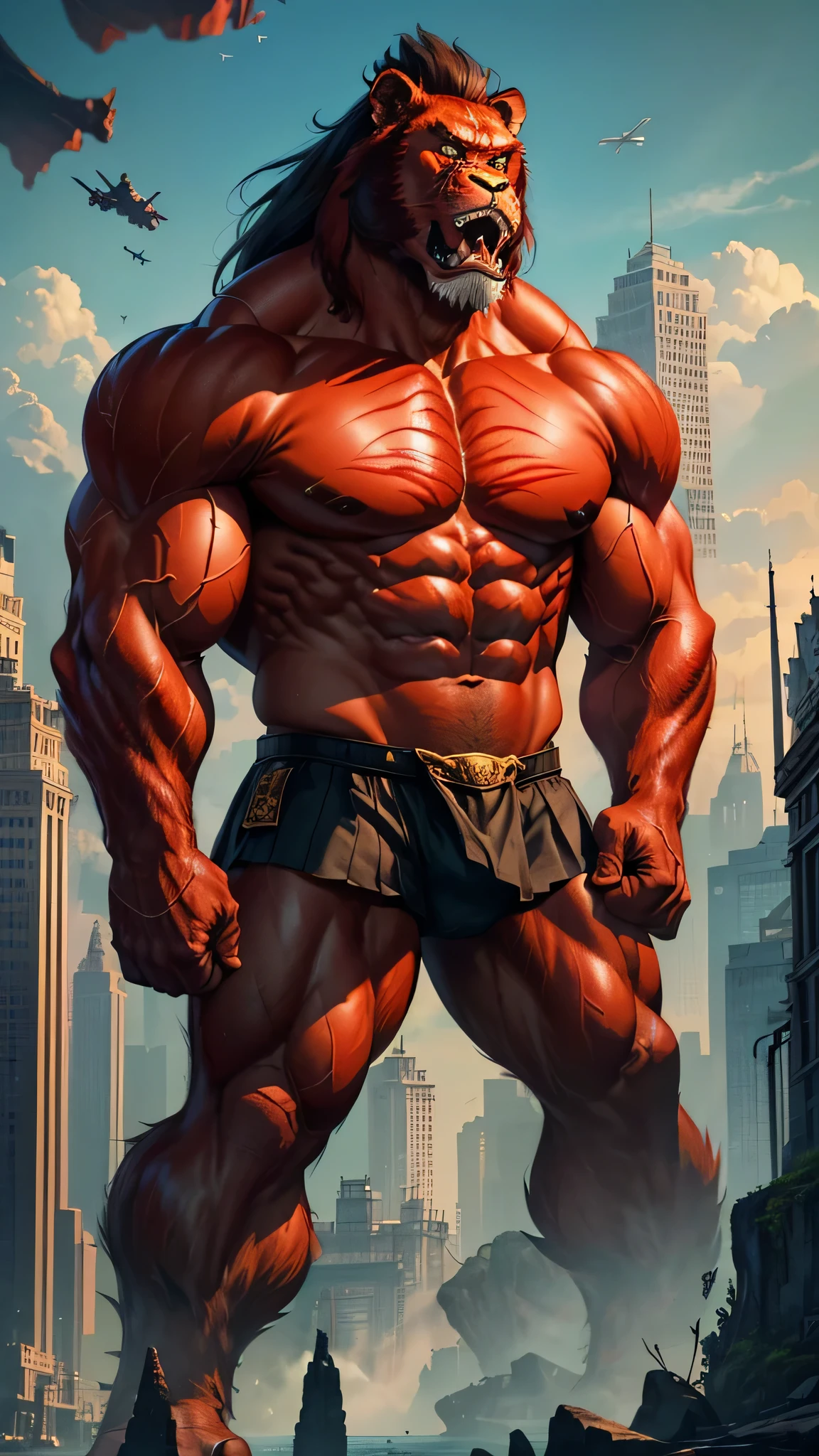 最high quality、Best image quality、masterpiece、monster((Strong body、Kong、Muscular、Bipedal、Red body、roar、Giant creatures、)),high quality、Beautiful art、background((City))、Flight、Flying debris、Written boundary depth、movie、Visual Arts、Perfect art、8K,Genuine,