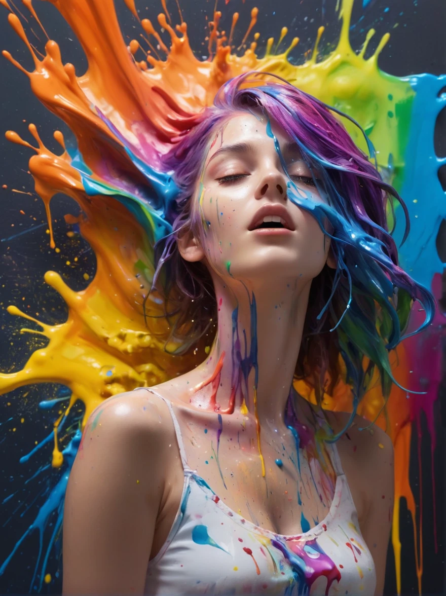(level difference:1.8),(Paint colliding and splashing on the canvas),(depth of field),1girl's side face blends into it,((side face)),open mouth,(liquid paint rainbow hair:1.1) naked body, full body shot,((naked body)),big breasts,made of paint and defies gravity,thick flowing,(paint splatter:1.3),Liquid state,stunningly beautiful, masterpiece, detailed background,ultra high quality model, ethereal background,abstract beauty, explosive volumetric, oil painting,heavy strokes,Romantic lighting,Sub-Surface Scatterring,lens 135mm,f1.8,glow,8k,high resolution, dreamy,ray tracing,hdr,god rays,