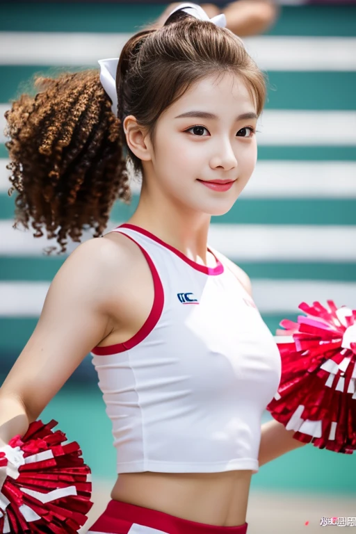 best quality，masterpiece，HD，Clear face，Exquisite face shape，a beauty，Cheerleading，Sexy body，Beautiful curly ponytail，露肚Cheerleading服，Beautiful thick makeup，Sexy vitality，full-body shot，Dance