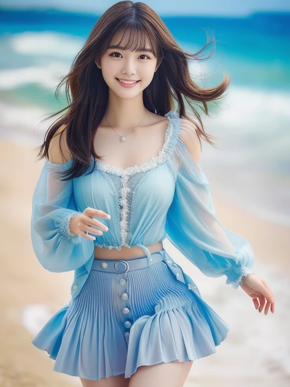 Photo-realistic quality、Long sandy beach、Close-up of a woman wearing a pale blue-gray mini skirt with fine flare at the beach, Japanese female fashion model, Gorgeous Young Japanese Woman, Beautiful girl model, Beautiful woman, She is wearing a long, loose, sheer white outfit., The chest is wide open、Young and beautiful, looking at the camera、A soft and gentle look、Cute Smile