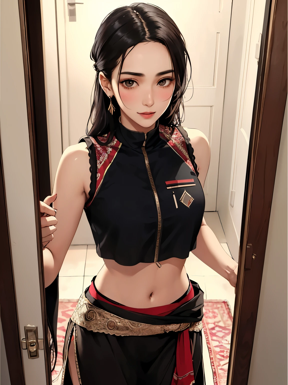 Afghan elite girl, (24 years old), in the apartment, front door, crop top, slender, view from above, blushing expression, (masterpiece, best quality, highly detailed, hyper realistic)