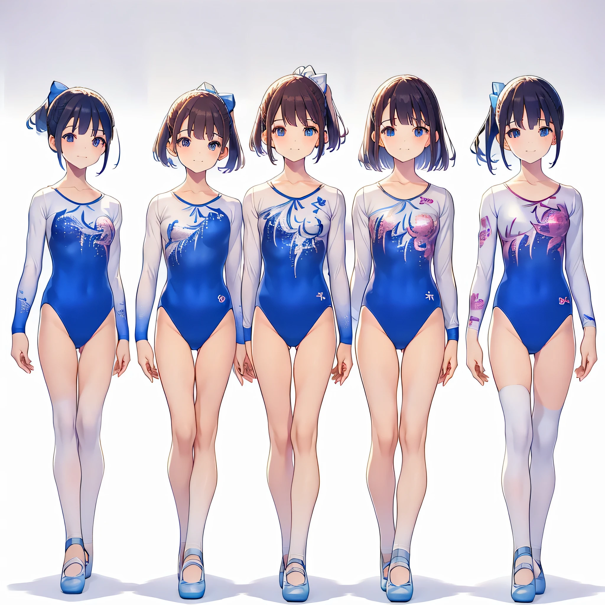 Gymnastics club,(4 girls:1.3),(long sleeves leotard:1.3),(brocade pattern leotard:1.3),(white leotard),full body, pony tail, blue ribbon, long hair,(body suit:1.2),(over ************, under 19 years old:1.2), ballet shoes, white background