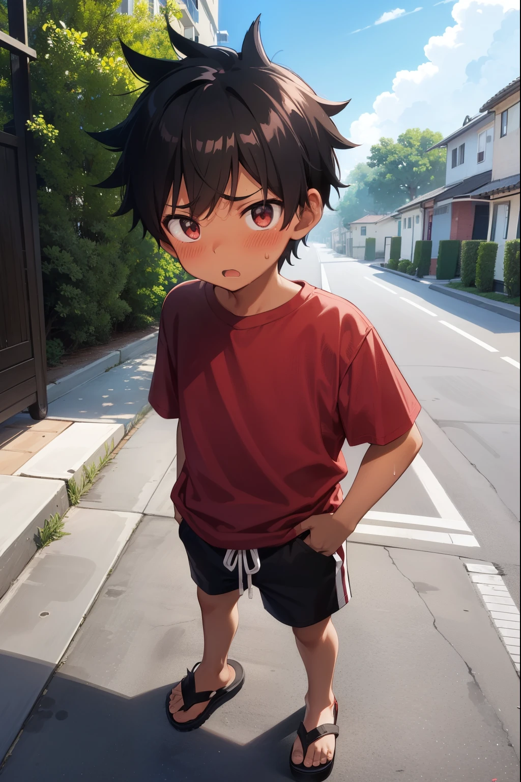 Residential Street,Are standing,,Spiked Hair,Black Hair,blush,Embarrassed,Red T-shirt,Black shorts,Brown Sandals,Dark Skin,summer,shy,Embarrassing,Blue Sandals,From before,Open your mouth,Sweat,