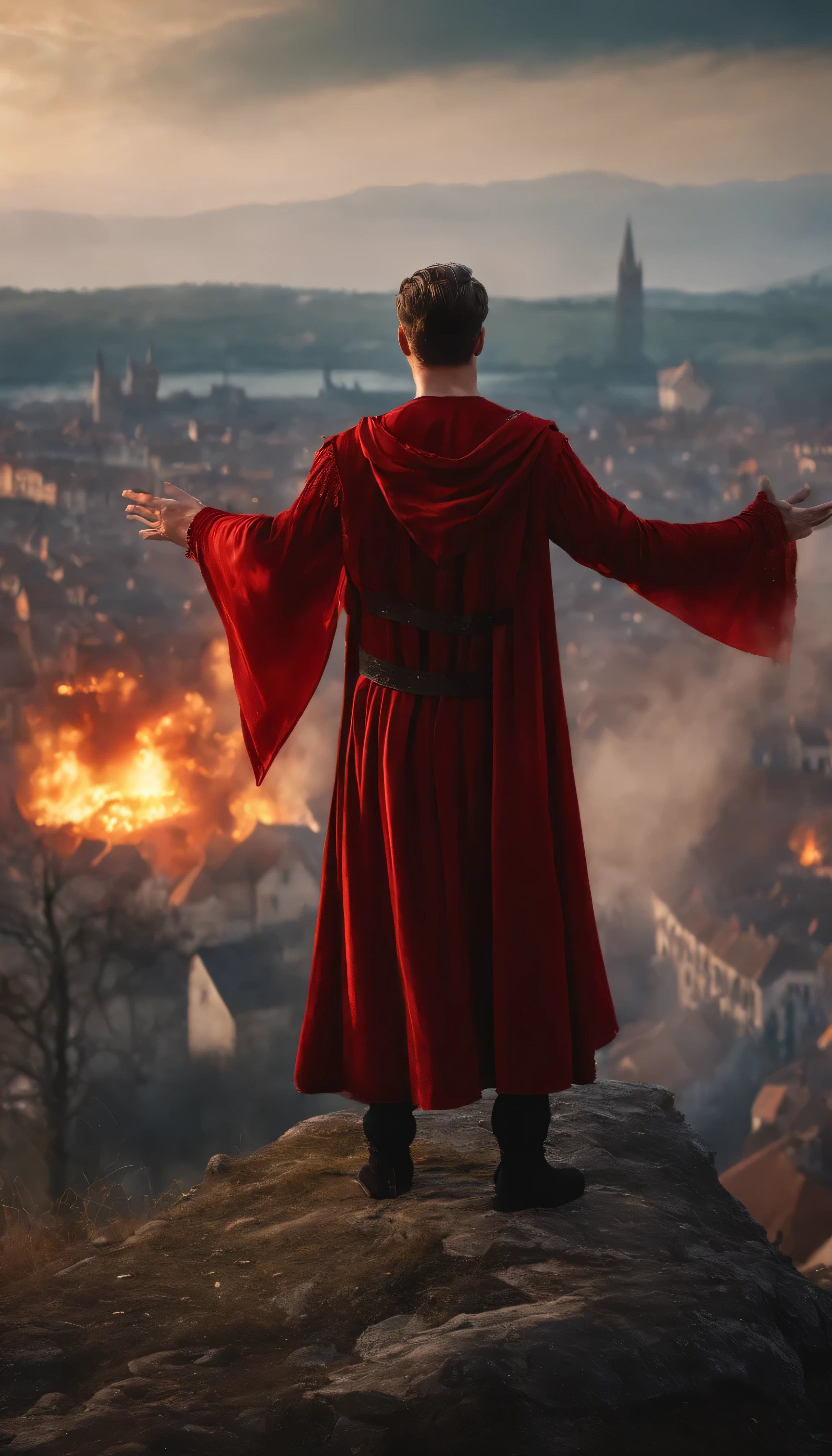8k, close distance portrait, a male wizard with red clothes and black short hair from behind, hand up to the sky, throwing a super massive fireball toward a medieval city in the distance from hill, with a burning medieval city background the distance, city destroyed and burning