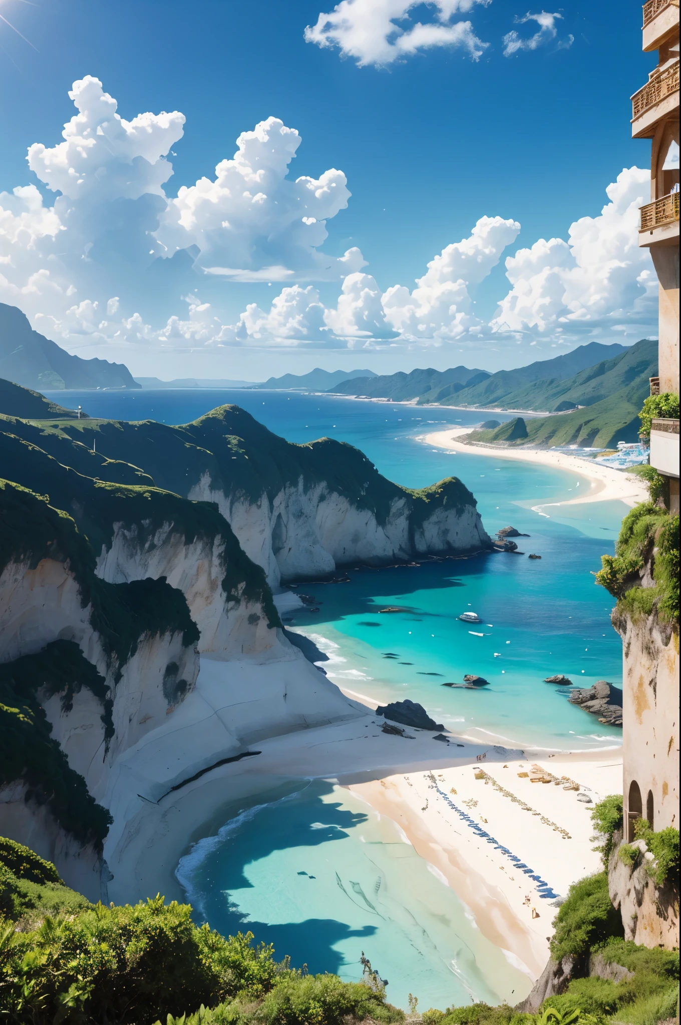 8K,超美people(Like the real thing), Blue sky and white clouds with warm sunshine, Smiling and gazing into the distance, The fine grains of sand on the beach sparkle in gold., The wind is accompanied by small waves. The distant island is surrounded by greenery, sexy, Her stunning beauty is like a ray of light, Captivating the whole of heaven and earth. . The beach dream scene will be more realistic for the audience., people々Make people feel like they're there, Enjoy the beauty,The perfect angle、Professional quality high resolution、Perfect contrast、Perfect lighting、Perfect composition、Perfect Skin、Perfect Fingers、Perfect breasts、Perfect Hair、Perfect Face、Realistic facial features,masterpiece,Photorealistic RAW photos,Bright colors,Rich colors,50mm lens,Nikon D850,super highest quality,Slim figure,Perfect body line,Perfect hand shape,Anatomical body balance,Highly detailed face,Highly detailed eyes,Beautiful Lips,Excellent light particles,Cinema Lighting,Makeup,Ultra-high resolution,Ultra-Realistic Skin,
