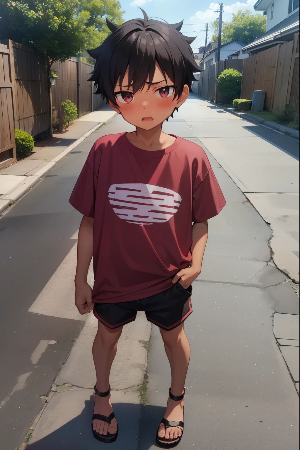 Residential Street,walk, Boy,Spiked Hair,Black Hair,blush,Embarrassed,Red T-shirt,Black shorts,Brown Sandals,Dark Skin,summer,shy,Embarrassing,Blue Sandals,From before,Open your mouth,Sweat,