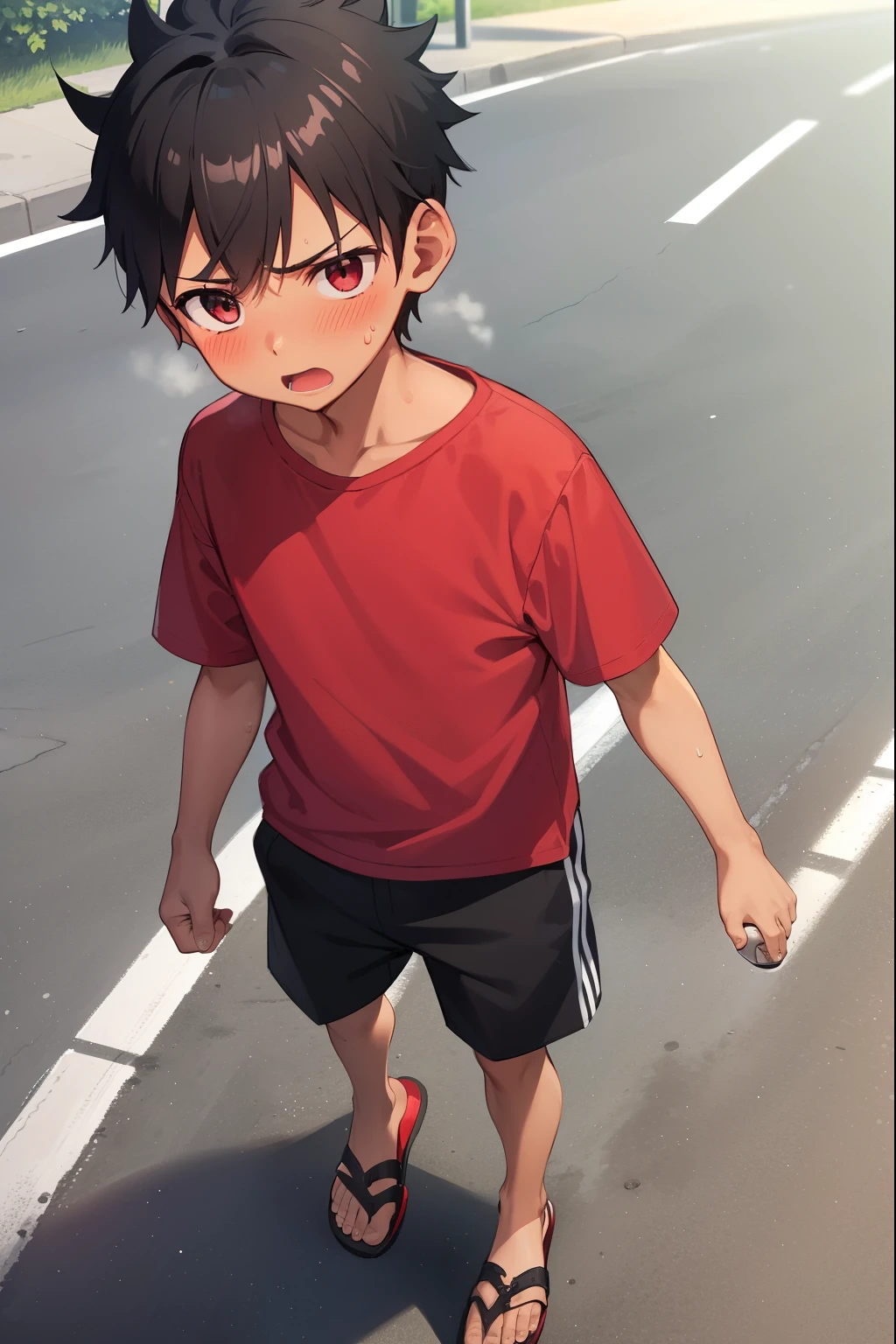 Residential Street,walk, Boy,Spiked Hair,Black Hair,blush,Embarrassed,Red T-shirt,Black shorts,Brown Sandals,Dark Skin,summer,shy,Embarrassing,Blue Sandals,From before,Open your mouth,Sweat,