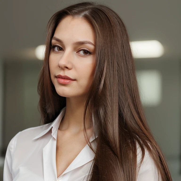 Business woman with long straight brown hair