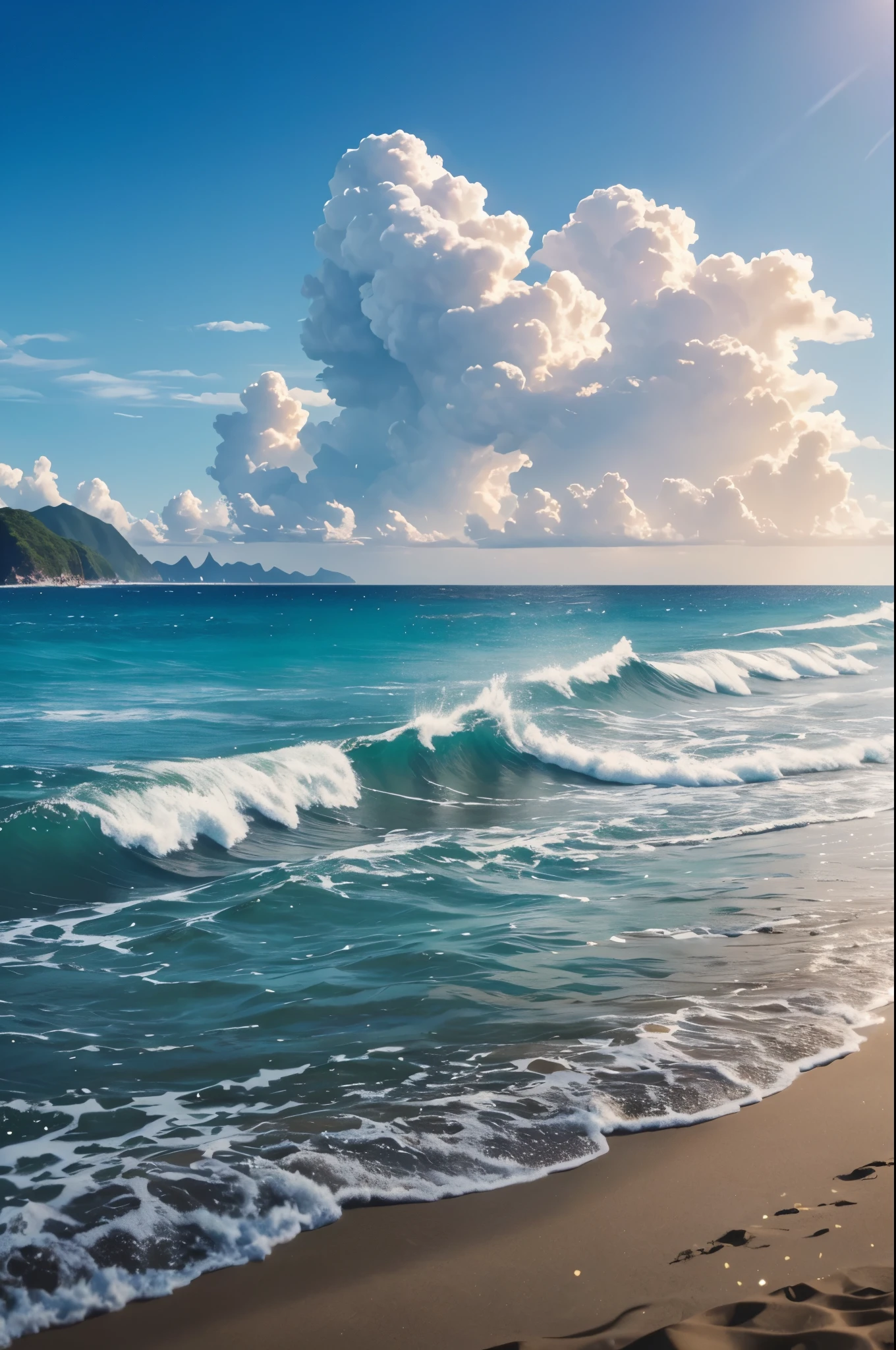 8K,超美people(Like the real thing), Blue sky and white clouds with warm sunshine, Smiling and gazing into the distance, The fine grains of sand on the beach sparkle in gold., The wind is accompanied by small waves. The distant island is surrounded by greenery, sexy, Her stunning beauty is like a ray of light, Captivating the whole of heaven and earth. . The beach dream scene will be more realistic for the audience., people々Make people feel like they're there, Enjoy the beauty,The perfect angle、Professional quality high resolution、Perfect contrast、Perfect lighting、Perfect composition、Perfect Skin、Perfect Fingers、Perfect breasts、Perfect Hair、Perfect Face、Realistic facial features,masterpiece,Photorealistic RAW photos,Bright colors,Rich colors,50mm lens,Nikon D850,super highest quality,Slim figure,Perfect body line,Perfect hand shape,Anatomical body balance,Highly detailed face,Highly detailed eyes,Beautiful Lips,Excellent light particles,Cinema Lighting,Makeup,Ultra-high resolution,Ultra-Realistic Skin,Close-up,