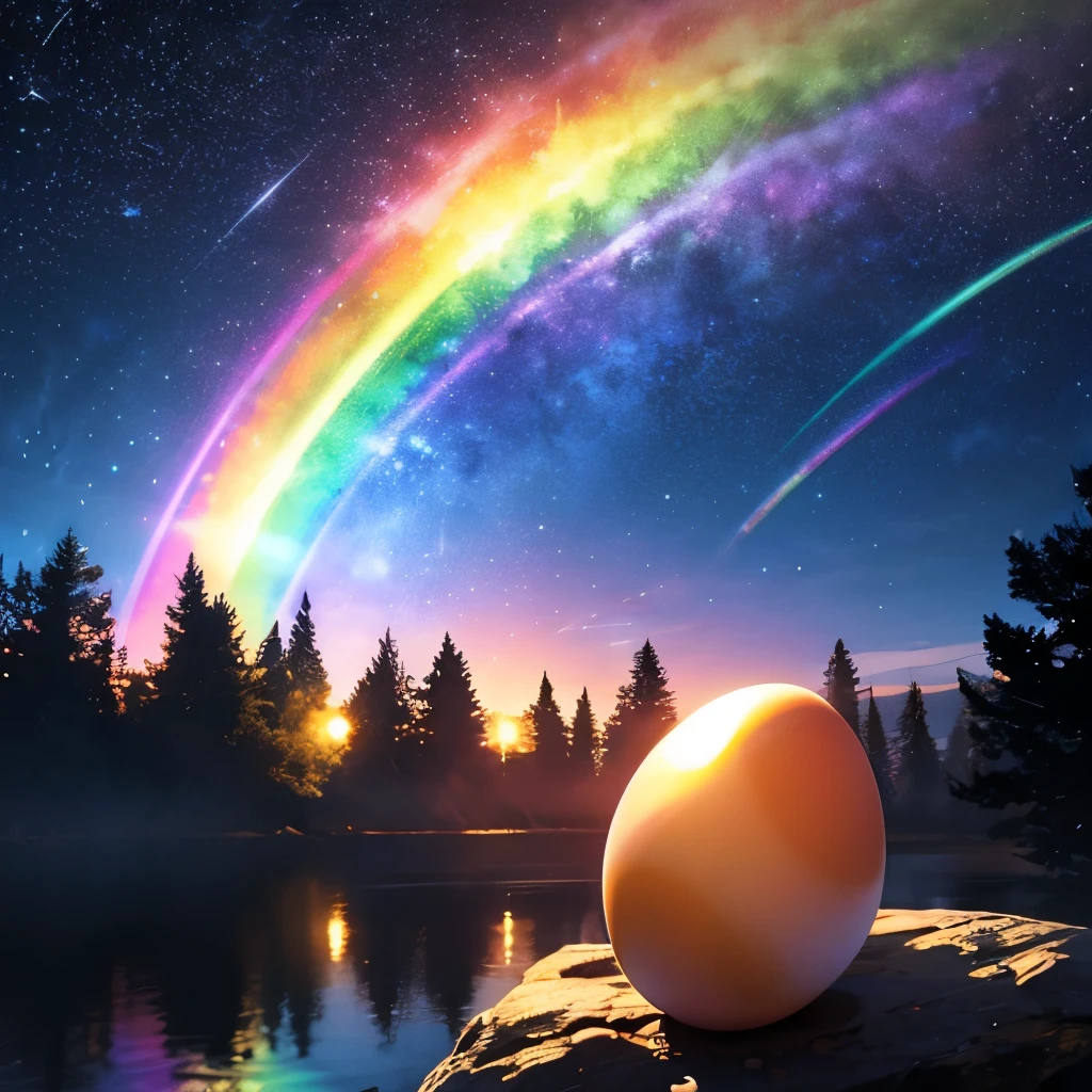 High resolution,(rainbow in the starry sky:1.2), (a golden egg)
