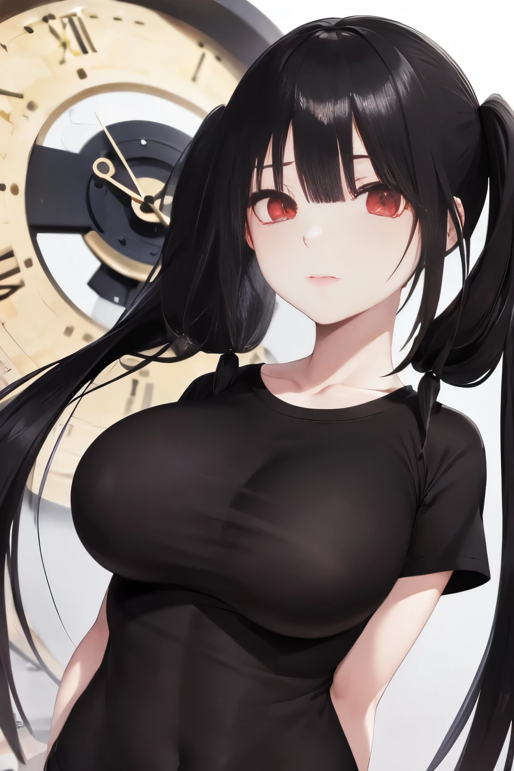 Optimal，masterpiece，High resolution，highest quality，Hyper HD，Very detailed，Award-winning，16k，alone，（Upper Body），Correct Anatomy，Beautiful Cyberpunk Girl，Upper Bodyの写真、Cute face，，Black Hair、Long Hair、Twin tails、Hairline，（（Scarlet Eyes）），Long eyelashes，Drooping eyelids，White skin，((Shoot from the front:1.5)), ((Tight black t-shirt:1.5)), ((Clock Top:1.5))、See-through、Rocket , (Large Breasts),