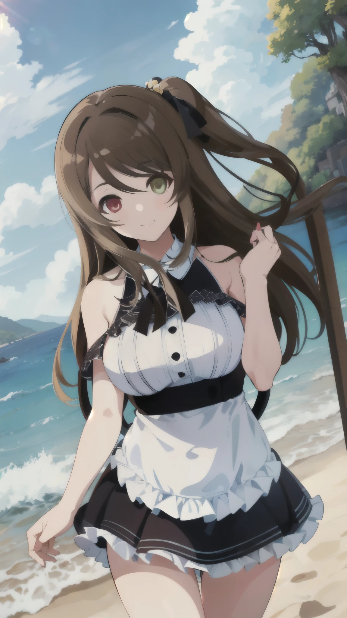 High resolution,masterpiece, highest quality, Kuo Shenlin , heterochromia , left red eye ,right yellow eye , smiling , (((busty))), 1girl, sensual body, Her cheeks flushed, vaginal secretions , Brown hair , swimsuit, Forward bend , looking at me , beach