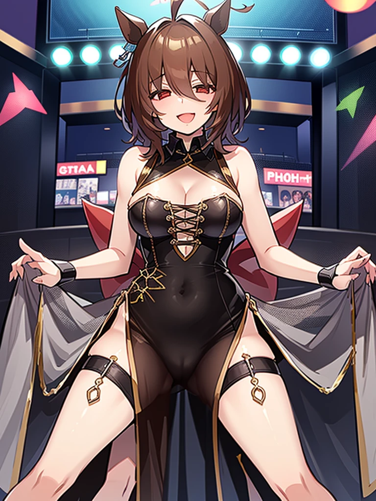 (top-quality、hight resolution)、(((prostitute dress)))、(loud laugh、breast squeeze、Lewd eyes)、nsfw、from front、Strip theater、Strip hall、Emphasizes cleavage