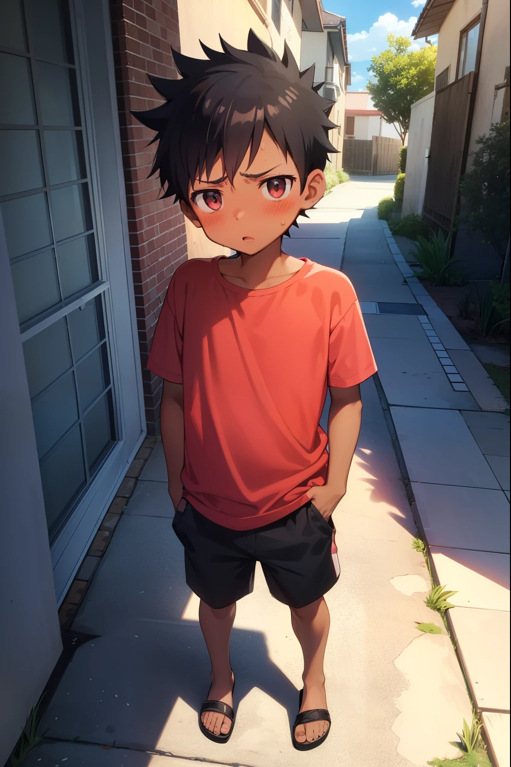 Residential Street,Are standing,Little Boy,Spiked Hair,Black Hair,blush,Embarrassed,Red T-shirt,Black shorts,Brown Sandals,Dark Skin,summer,shy,Embarrassing,Blue Sandals,From before,Open your mouth,Sweat,Look Away