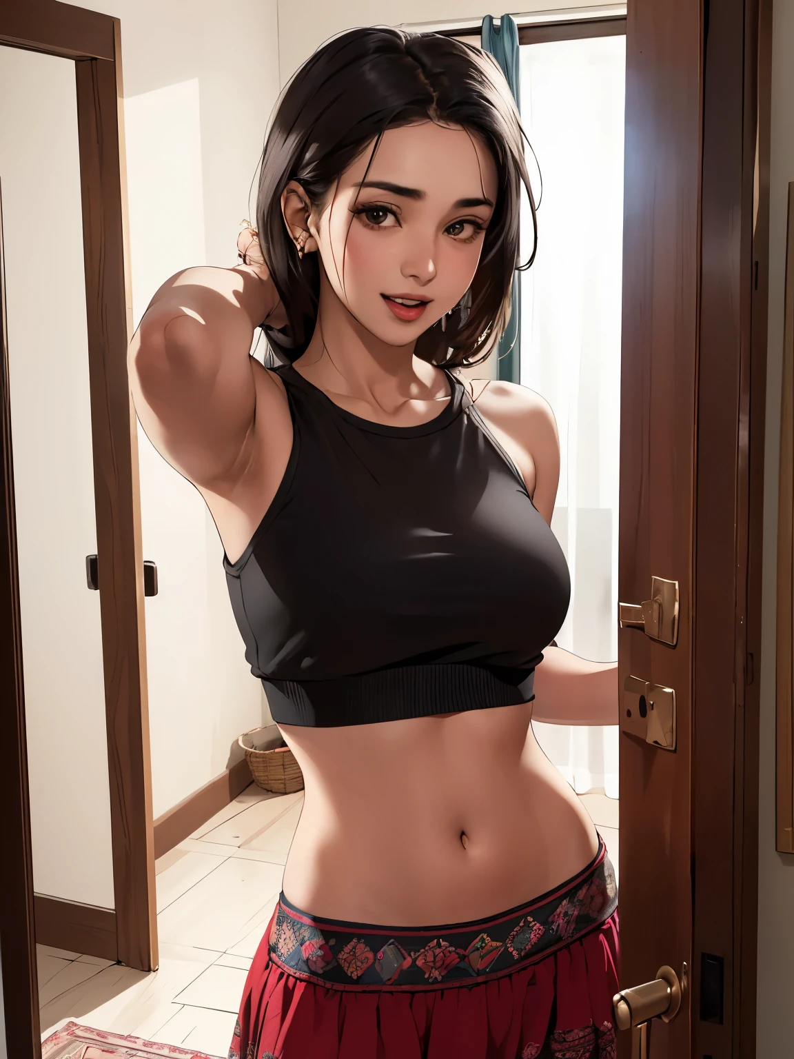 Afghan naughty girl, (24 years old), in the apartment, front door, crop top, buxom, view from front, excited expression, (masterpiece, best quality, highly detailed, hyper realistic)