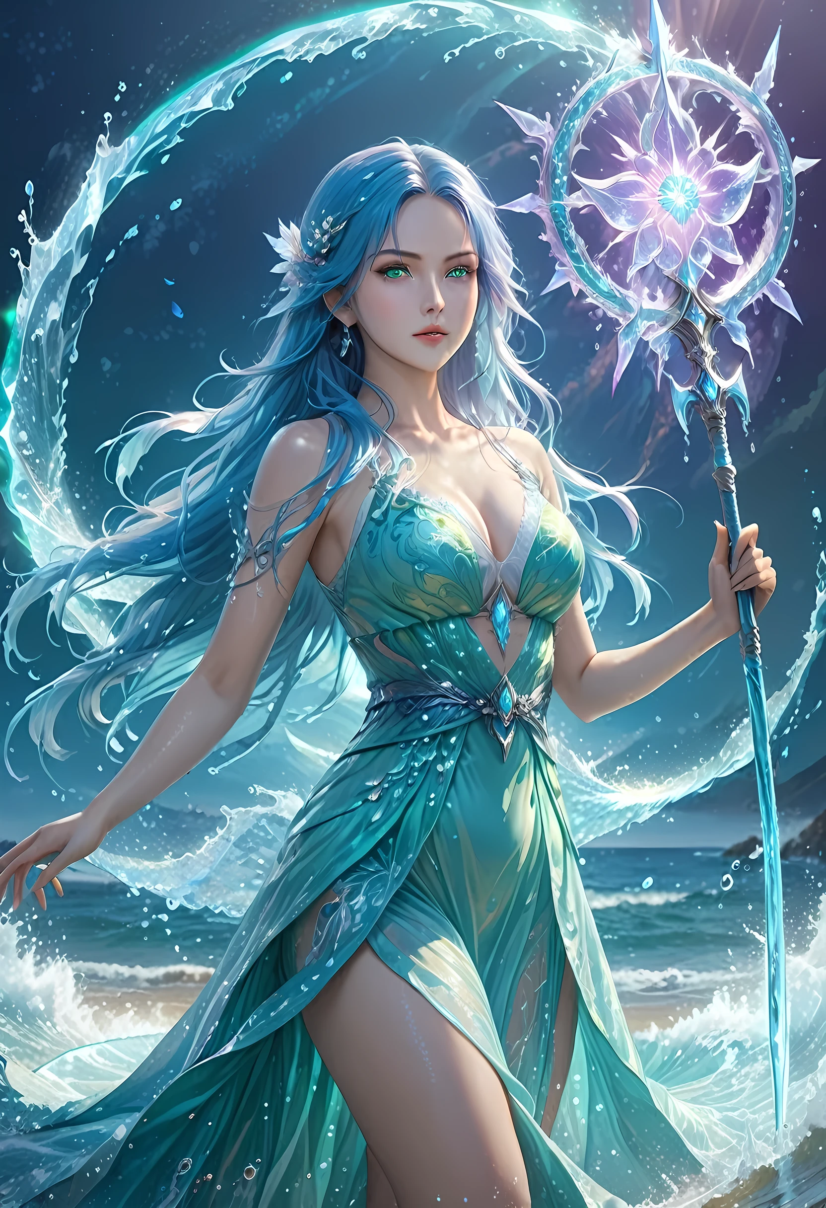 high details, best quality, 8k, [ultra detailed], masterpiece, best quality, (extremely detailed), full body, ultra wide shot, photorealistic, fantasy art, dnd art, rpg art, realistic art, an ultra wide picture of a female human (1.5 intricate details, Masterpiece, best quality) goddess of water  ((watery radiant aura)), controlling a swirling streams of watery magic (1.5 intricate details, Masterpiece, best quality), manipulating purple radiant magical symbols, [[divine symbols]] (1.5 intricate details, Masterpiece, best quality), human female, blue  hair, long hair with aura, hair with green radiant eyes, intense eyes, holding a trident, ((radiant eyes)), (( green glowing eyes)), dynamic clothing, fantasy sea background, stresms of sea water,  celestial  background, ((divine worship atmosphere)), high details, best quality, highres, ultra wide angle, crystalline dress, faize