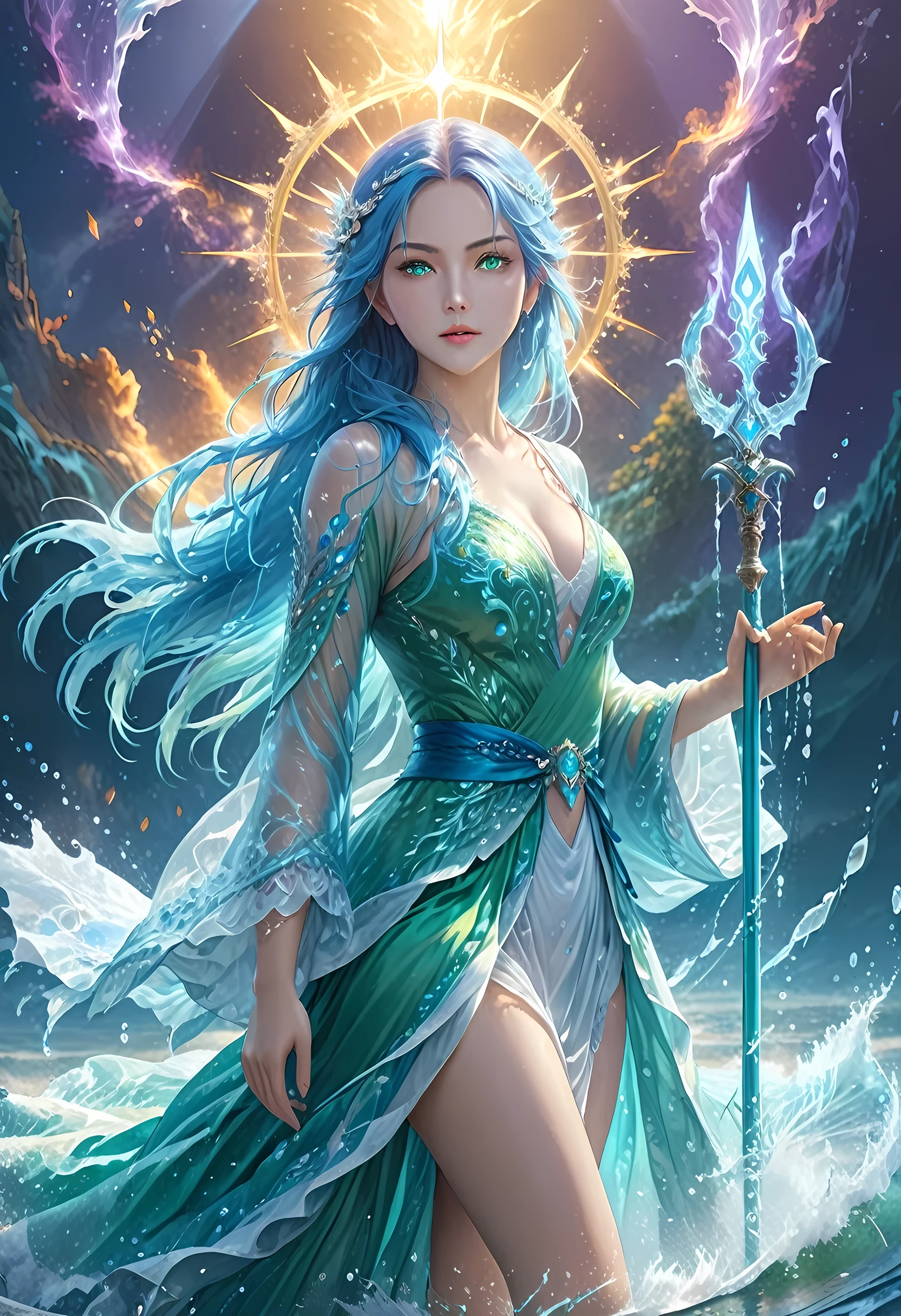 high details, best quality, 8k, [ultra detailed], masterpiece, best quality, (extremely detailed), full body, ultra wide shot, photorealistic, fantasy art, dnd art, rpg art, realistic art, an ultra wide picture of a female human (1.5 intricate details, Masterpiece, best quality) goddess of water  ((watery radiant aura)), controlling a swirling streams of watery magic (1.5 intricate details, Masterpiece, best quality), manipulating purple radiant magical symbols, [[divine symbols]] (1.5 intricate details, Masterpiece, best quality), human female, blue  hair, long hair with aura, hair with green radiant eyes, intense eyes, holding a trident, ((radiant eyes)), (( green glowing eyes)), dynamic clothing, fantasy sea background, stresms of sea water,  celestial  background, ((divine worship atmosphere)), high details, best quality, highres, ultra wide angle, crystalline dress, faize