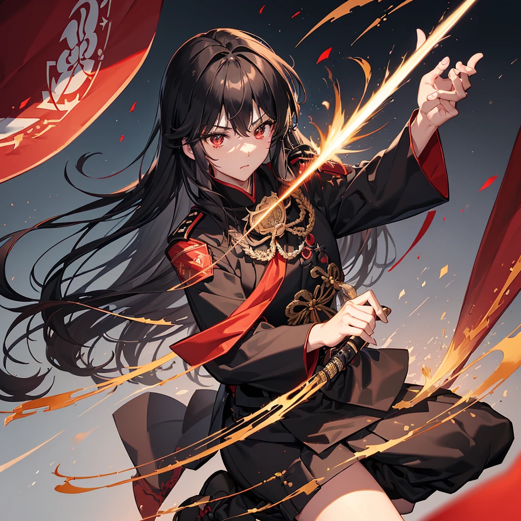 ((blackい髪　Long Hair　black　Military commander　one person　Lonely　Red Flag))　((night　Japanese style　old))　(Dance　Shining Japan sword　Draw your sword)　moon　star　Draw your sword　Slashing　Catch the wind　print　Tense face