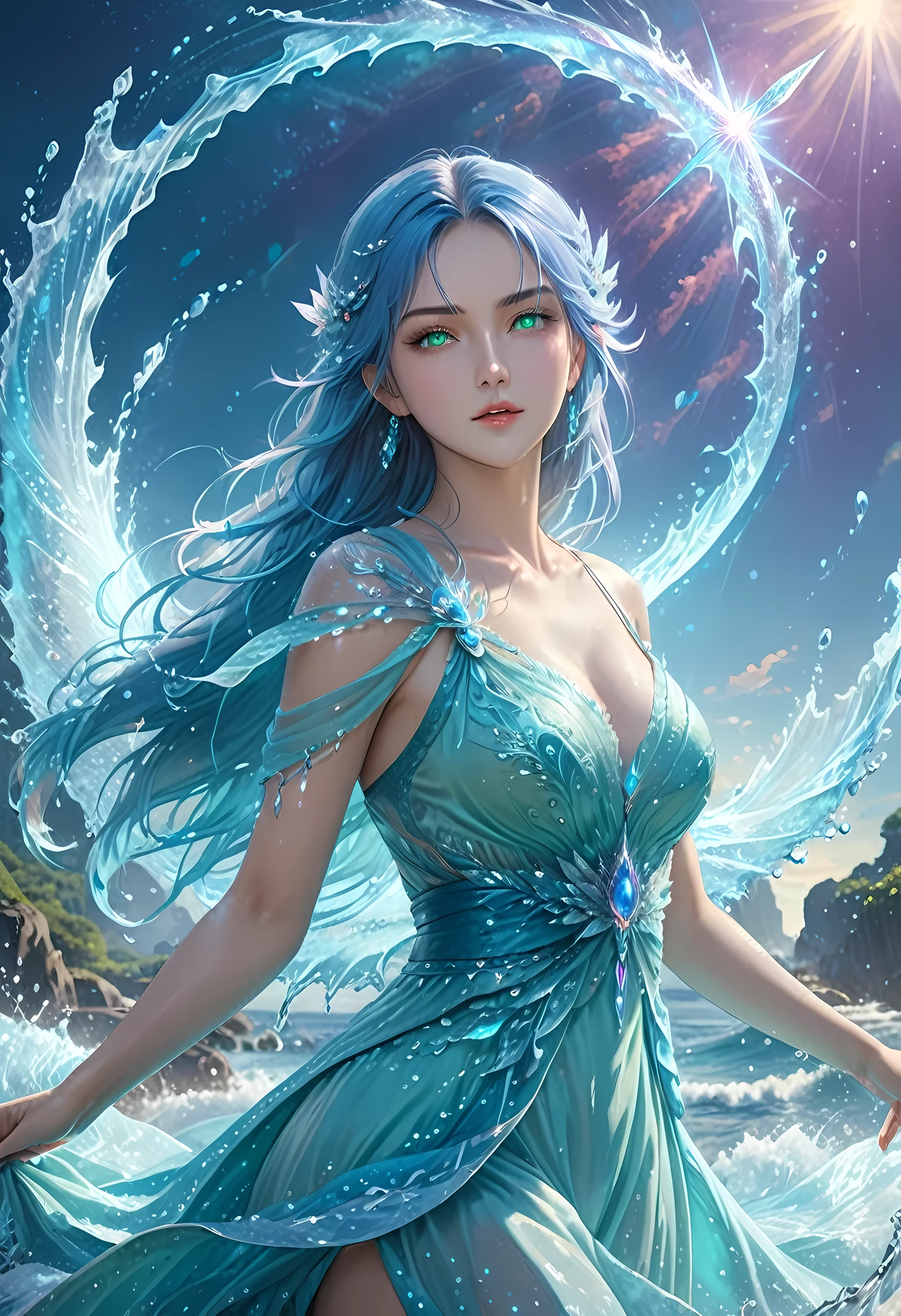 high details, best quality, 8k, [ultra detailed], masterpiece, best quality, (extremely detailed), full body, ultra wide shot, photorealistic, fantasy art, dnd art, rpg art, realistic art, an ultra wide picture of a female human (1.5 intricate details, Masterpiece, best quality) goddess of water  ((watery radiant aura)), controlling a swirling streams of watery magic (1.5 intricate details, Masterpiece, best quality), manipulating purple radiant magical symbols, [[divine symbols]] (1.5 intricate details, Masterpiece, best quality), human female, blue  hair, long hair with aura, hair with green radiant eyes, intense eyes, holding a trident, ((radiant eyes)), (( green glowing eyes)), dynamic clothing, fantasy sea background, stresms of sea water,  celestial  background, ((divine worship atmosphere)), high details, best quality, highres, ultra wide angle, crystalline dress, faize