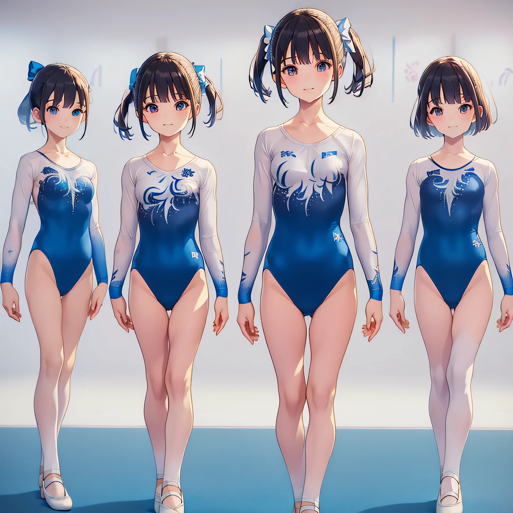 Gymnastics club,(4 girls:1.3),(long sleeves leotard:1.3),(brocade pattern leotard:1.3),(white leotard),full body, pony tail, blue ribbon, long hair,(body suit:1.2),(over ************, under 19 years old:1.2), ballet shoes, white background