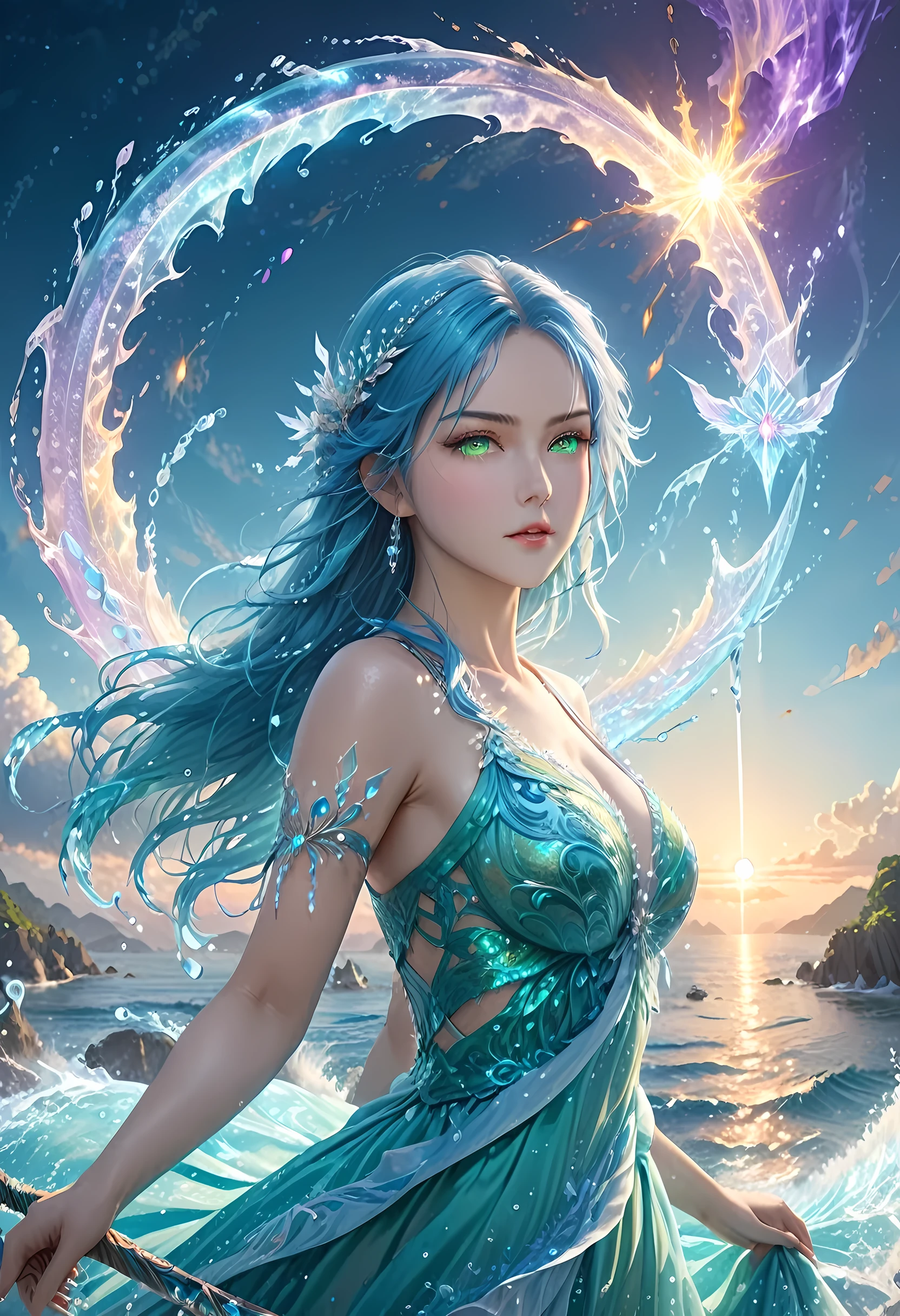 high details, best quality, 8k, [ultra detailed], masterpiece, best quality, (extremely detailed), full body, ultra wide shot, photorealistic, fantasy art, dnd art, rpg art, realistic art, an ultra wide picture of a female human (1.5 intricate details, Masterpiece, best quality) goddess of water  ((watery radiant aura)), controlling a swirling streams of watery magic (1.5 intricate details, Masterpiece, best quality), manipulating purple radiant magical symbols, [[divine symbols]] (1.5 intricate details, Masterpiece, best quality), human female, blue  hair, long hair with aura, hair with green radiant eyes, intense eyes, holding a trident, ((radiant eyes)), (( green glowing eyes)), dynamic clothing, fantasy sea background, stresms of sea water,  celestial  background, ((divine worship atmosphere)), high details, best quality, highres, ultra wide angle, crystalline dress, faize