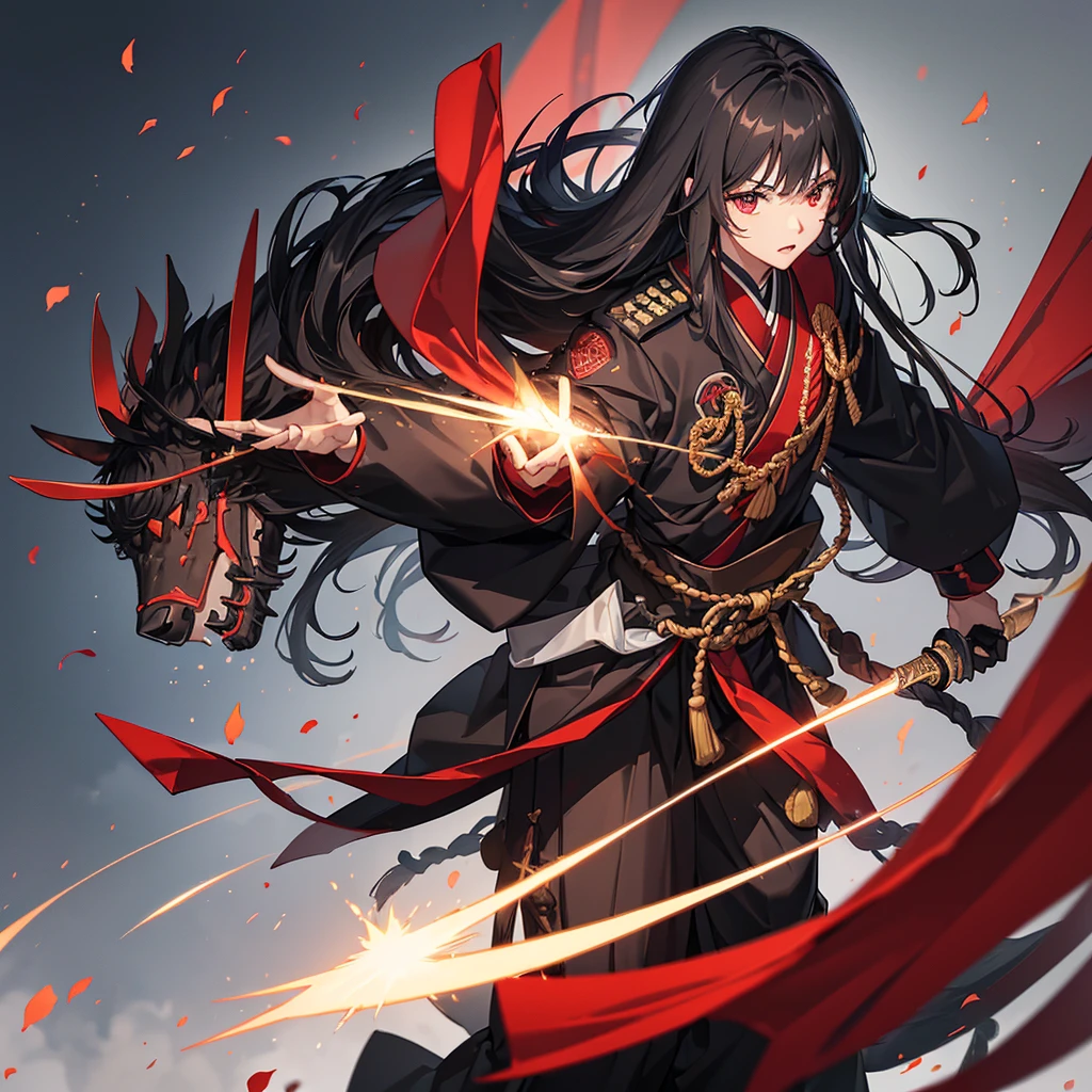 ((blackい髪 Long Hair black Military commander one person Lonely Red Flag)) ((night Japanese style old)) (Dance Shining Japan sword Draw your sword) moon star Draw your sword Slashing Catch the wind print Tense face