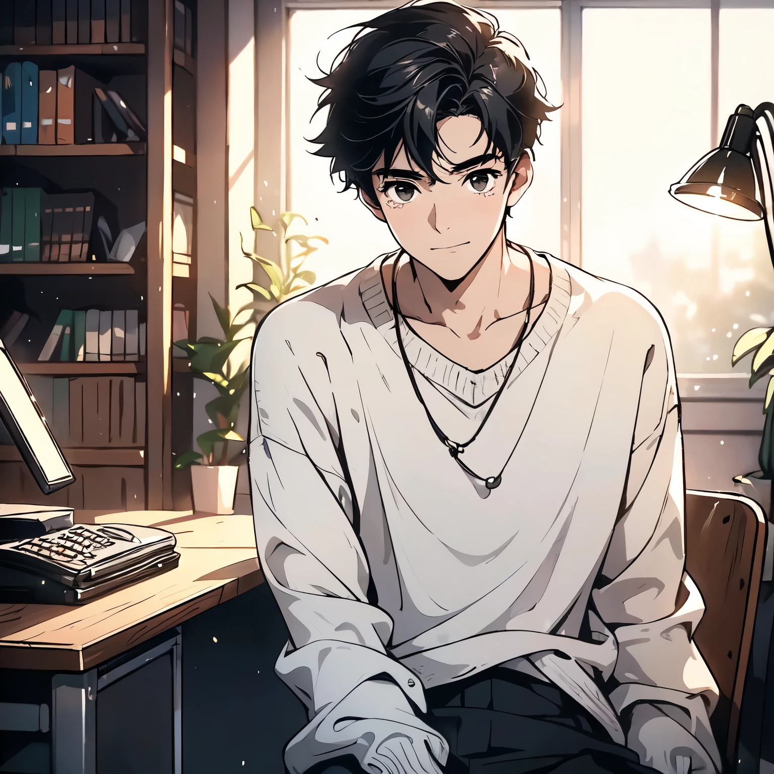 A black hair，18-year-old man in white sweater，Sit at your desk in the library，Sad expression，Laugh and cry，Bitter smile（Upper body display：1.5）（cinematic lighting：1.5）)(ultra-high detail:1.5)(best quality:1.5)