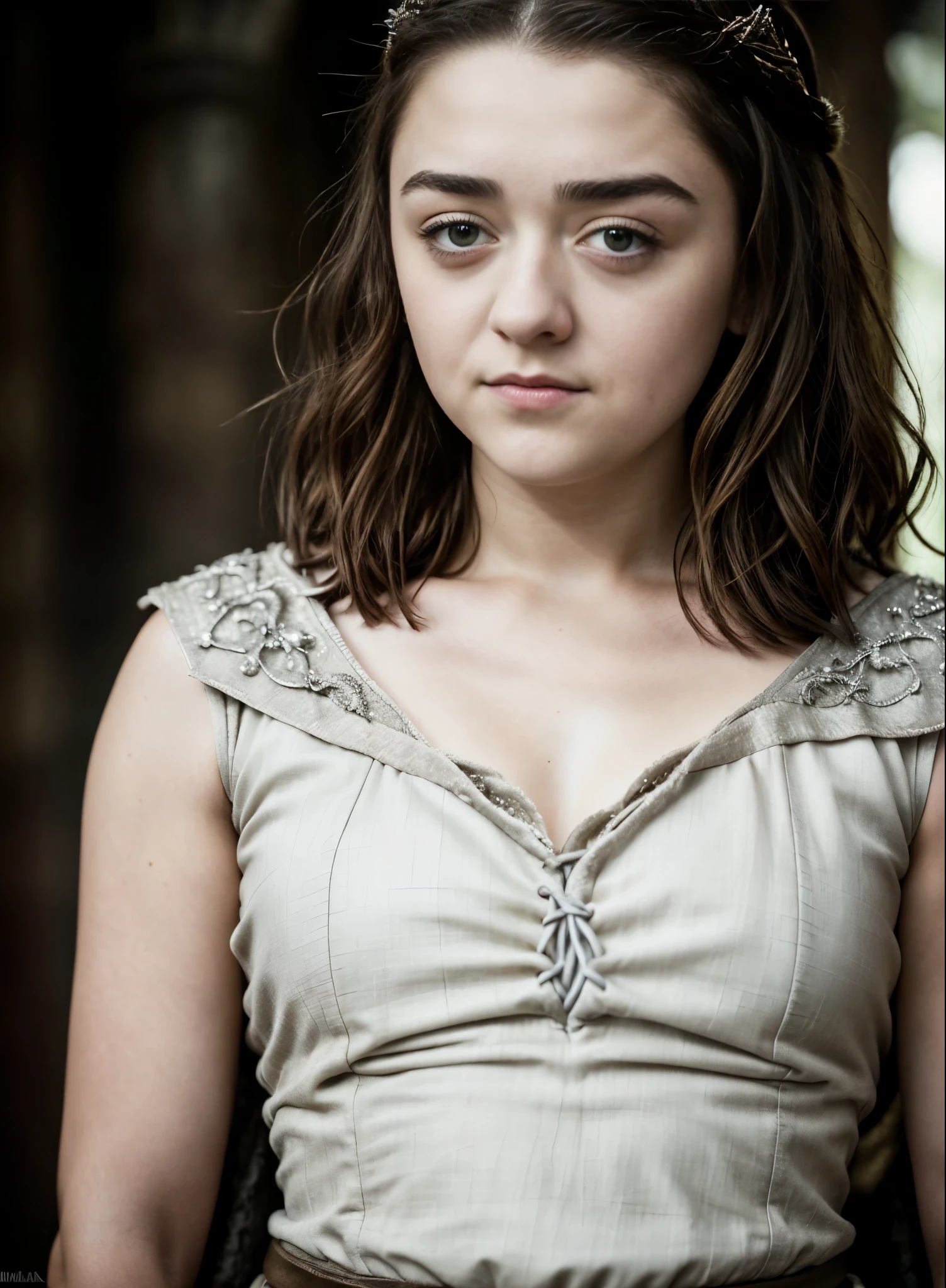 Foto RAW, RAW photograph of Maisie Williams, Arya Stark, Extremely gorgeous lady, Arya Stark PLAYED BY MAISIE WILLIAMS, Queen Arya Stark, she  a mature woman now, milf, sexy mediaeval battle dress, gladiator woman, body, 40 years old Woman, body revealing costumes, perky breast, skin pores, big natural breast, erotic costumes, lusty physique, seductive figure can capture every people's attention, Game of thrones costumes, revealing captivating figure, Mediaeval costumes, revealing clothes, A tomboy, she would rather fence than dance, warrior queen , game of thrones screen caps, Game of Thrones Series, (pele altamente detalhada: 1.2), 8k UHD, DSLR, soft-lighting, alta qualidade, grain of film, Fujifilm XT3, flawless picture, highly detailed, detailed Beauty, intricate, 32k, sharp picture,