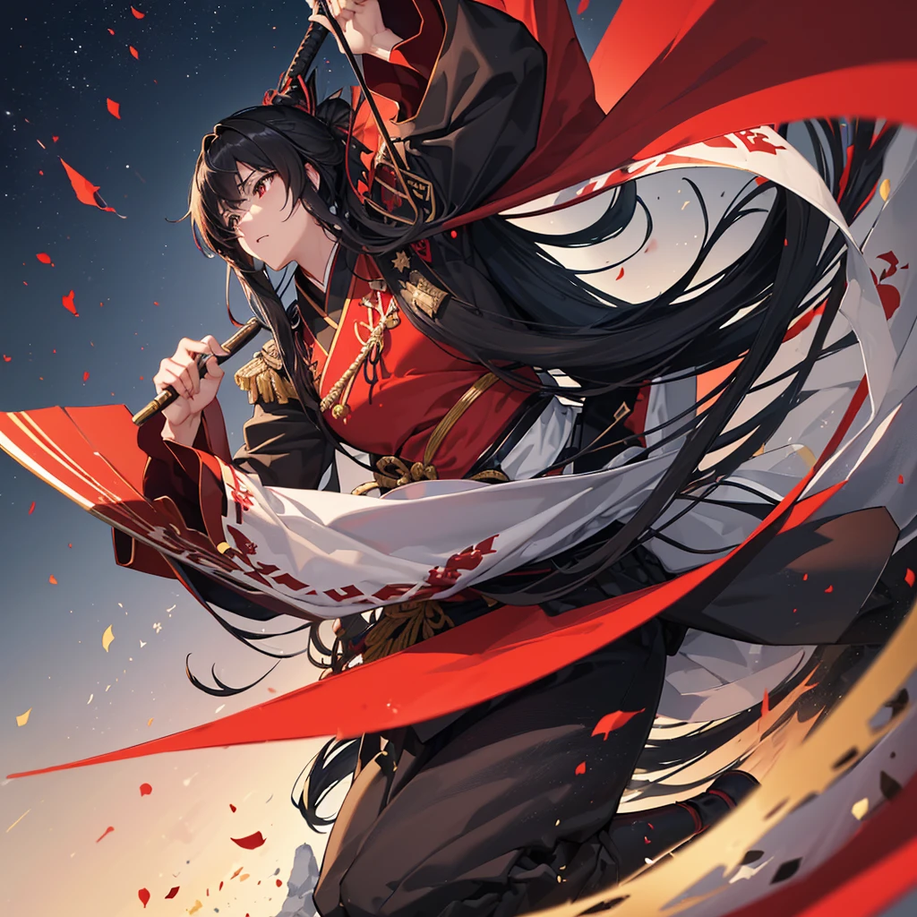 ((blackい髪　Long Hair　black　Military commander　one person　Lonely　Red Flag))　((night　Japanese style　old))　(Dance　Shining Japan sword　Draw your sword)　moon　star　Draw your sword　Slashing　Catch the wind　print　Tense face