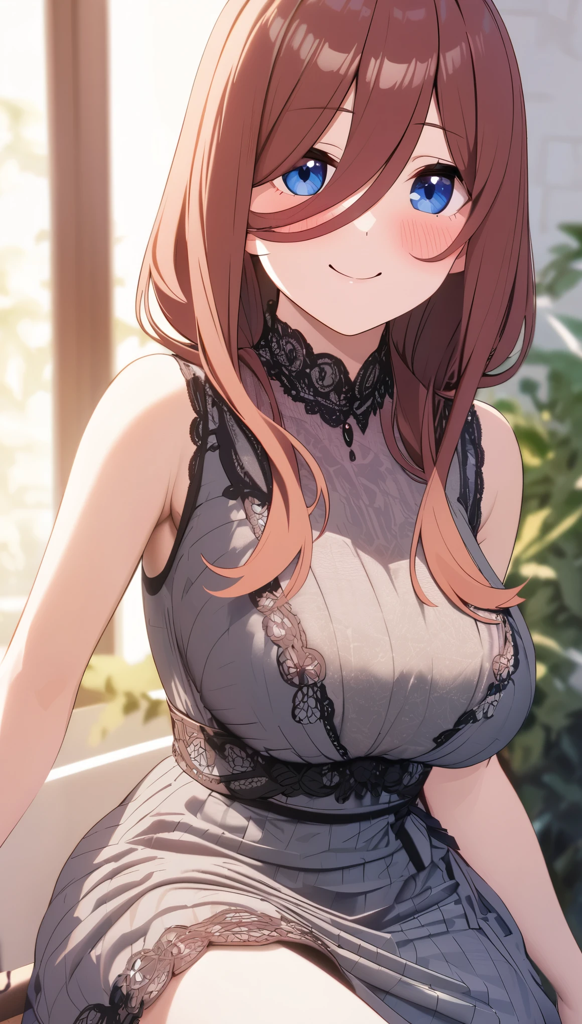 miku nakano, long brown hair, beautiful face,smiling,close up to hips, moderate breast, sitting, wearing beautiful dress , (open mouth:0.4),illustration,detailed textures(realists),ultra-detailed,portrait style,vivid colors,soft lighting, blushing, mature, hair fluttering,