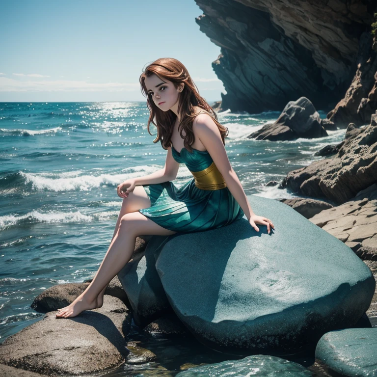 Emma Watson as the Little Mermaid, sitting on a rock, long shot, ocean background, taken from a CANON camera, wide lens, cold colors, —ar 9:16 —style raw —stylize 750