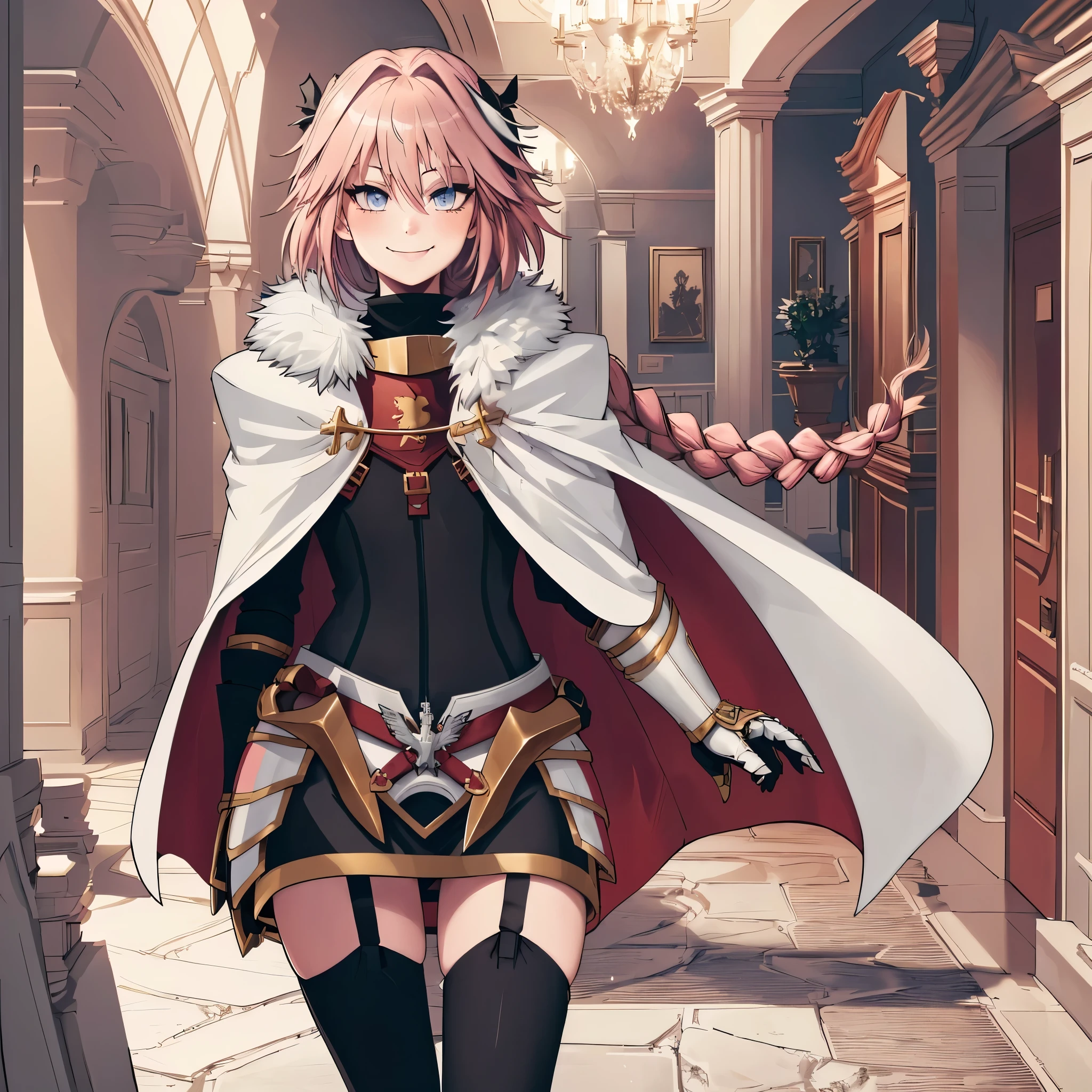 1 girl, (flat chest, perfect face, perfect eyes), (astarmor, remove braid, cape, gauntlets, garter straps, thighhighs, white footwear), (standing, indoors, entrance hallway, smiling), (high res, ultra sharp, 8K, masterpiece, perfect lighting, best quality, ultra detailed)