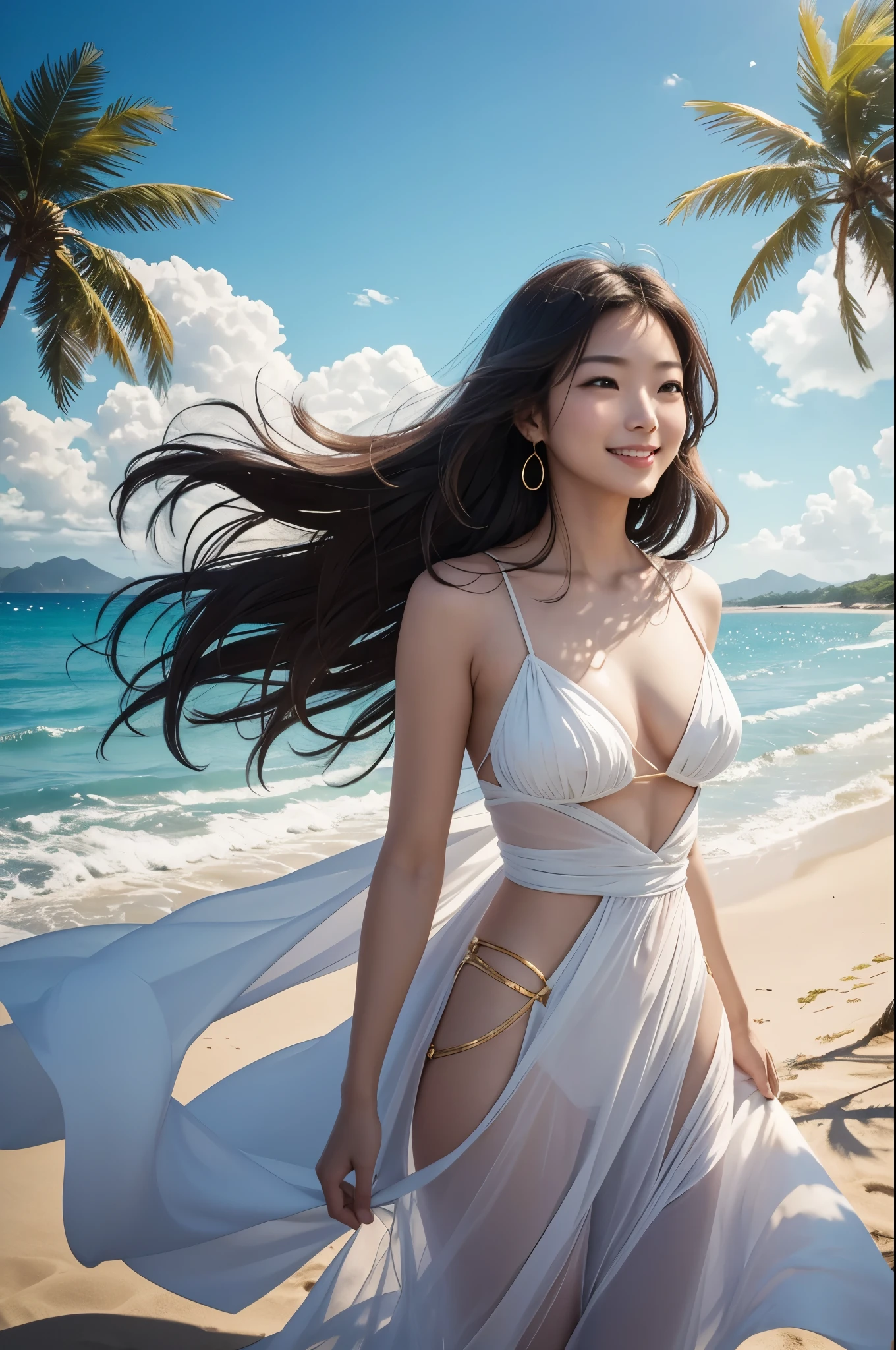 8K,Woman looking at the camera,1 超美people(Like the real thing), Blue sky and white clouds with warm sunshine, Smiling and gazing into the distance, The fine grains of sand on the beach sparkle in gold., The wind is accompanied by small waves. The distant island is surrounded by greenery, sexy, Her stunning beauty is like a ray of light, Captivating the whole of heaven and earth. . The beach dream scene will be more realistic for the audience., people々Make people feel like they're there, Enjoy the beauty,The perfect angle、Professional quality high resolution、Perfect contrast、Perfect lighting、Perfect composition、Perfect Skin、Perfect Fingers、Perfect breasts、Perfect Hair、Perfect Face、Realistic facial features,masterpiece,Photorealistic RAW photos,Bright colors,Rich colors,50mm lens,Nikon D850,super highest quality,Slim figure,Perfect body line,Perfect hand shape,Anatomical body balance,Highly detailed face,Highly detailed eyes,Beautiful Lips,Excellent light particles,Cinema Lighting,Makeup,Ultra-high resolution,Ultra-Realistic Skin,sexyな女性のクローズアップ,