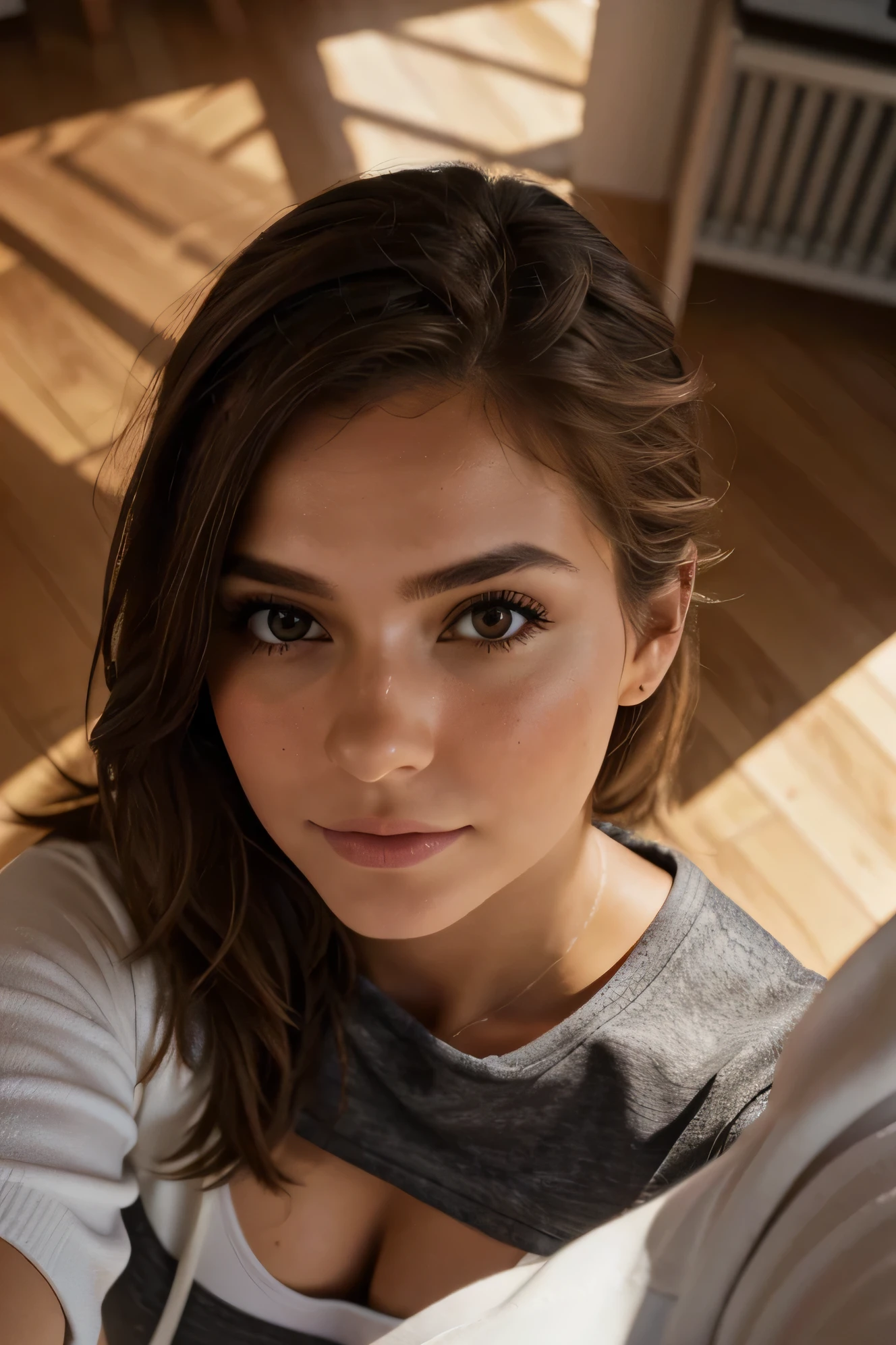 Selfie seen from above a gorgeous girl, at the gym, in sportswear, fille, automne, Fille chaude, (((buste lourd))), cheveux bruns, long_cheveux, symmetrical face, photoreallistic, photographie, Phone camera, natural lighting, magnifique, clivage, occidental, Lo-fi, High resolution, Extremely detailed, peau avec pores, realistic lighting, natural light, selfie, visage naturel, Moles, instagram pose, influencer, Low Fidelity, brown hair, full body, colossal titts