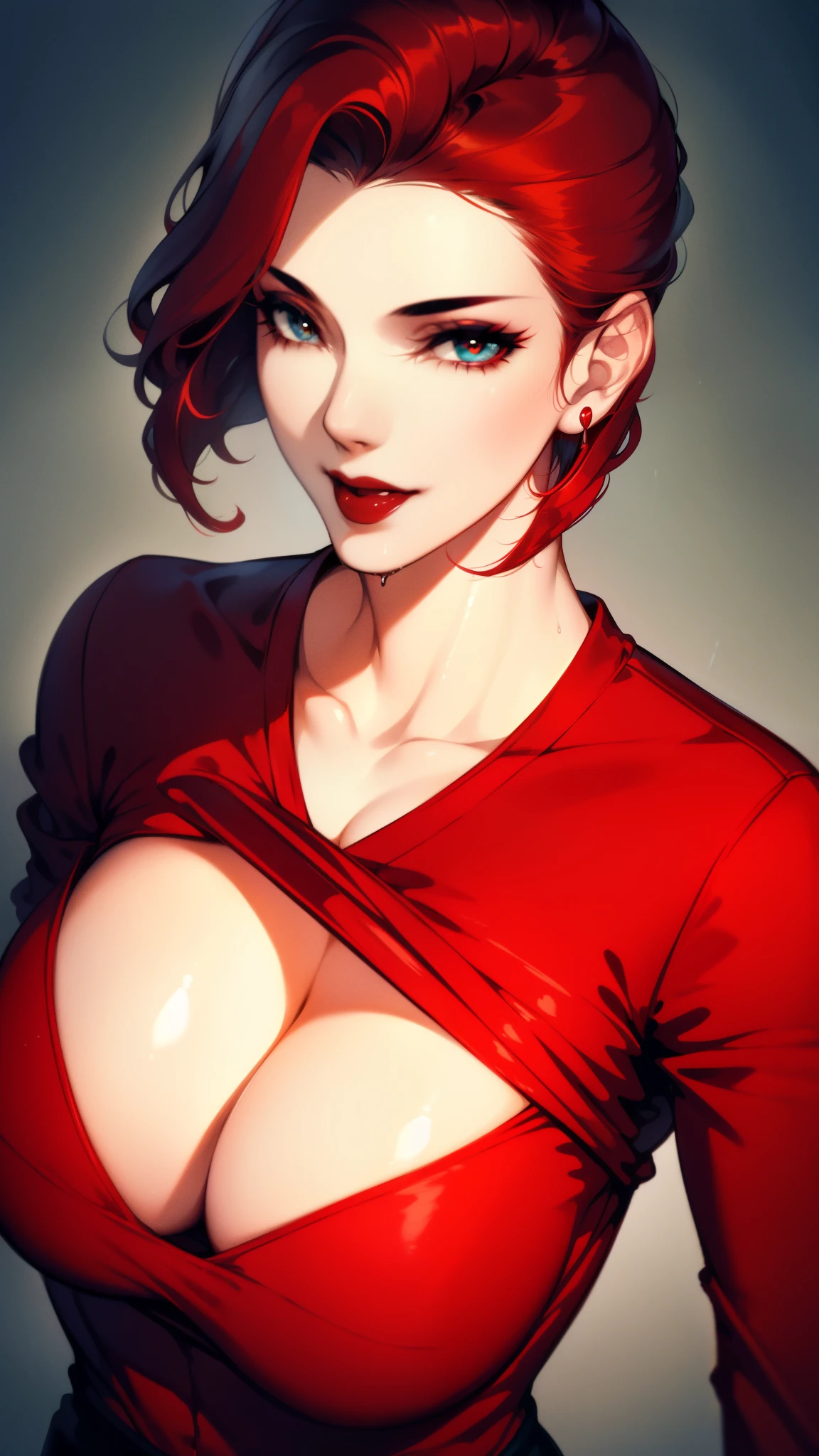 {8k image}, 1beautiful woman, 40 years old (milf), short red hair, amber eyes, busty, heavy upper lips and pointed nose,(wet shirt:1.2),(red shirt:1.5),{centered image},{just face and chest photo}, Upper body,  the camera, looking directly at the camera, manhwa art style, vivid colors, cleavage,（((dark red lips))）,seductive smile, 