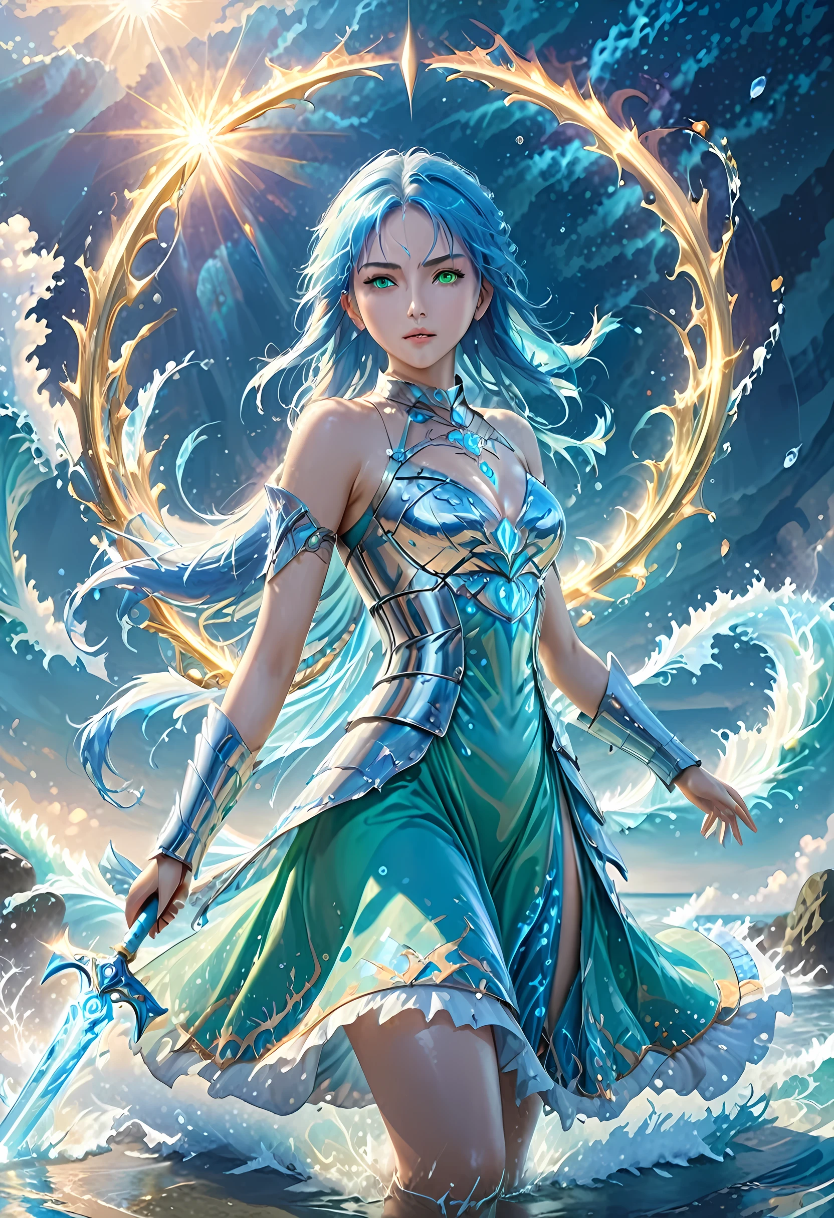 high details, best quality, 8k, [ultra detailed], masterpiece, best quality, (extremely detailed), full body, ultra wide shot, photorealistic, fantasy art, dnd art, rpg art, realistic art, an ultra wide picture of a female human (1.5 intricate details, Masterpiece, best quality) goddess of water  ((watery radiant aura)), controlling a swirling streams of watery magic (1.5 intricate details, Masterpiece, best quality), manipulating purple radiant magical symbols, [[divine symbols]] (1.5 intricate details, Masterpiece, best quality), human female, blue  hair, long hair with aura, hair with green radiant eyes, intense eyes, holding a trident, ((radiant eyes)), (( green glowing eyes)), dynamic clothing, fantasy sea background, stresms of sea water,  celestial  background, ((divine worship atmosphere)), high details, best quality, highres, ultra wide angle, ArmoredDress, faize