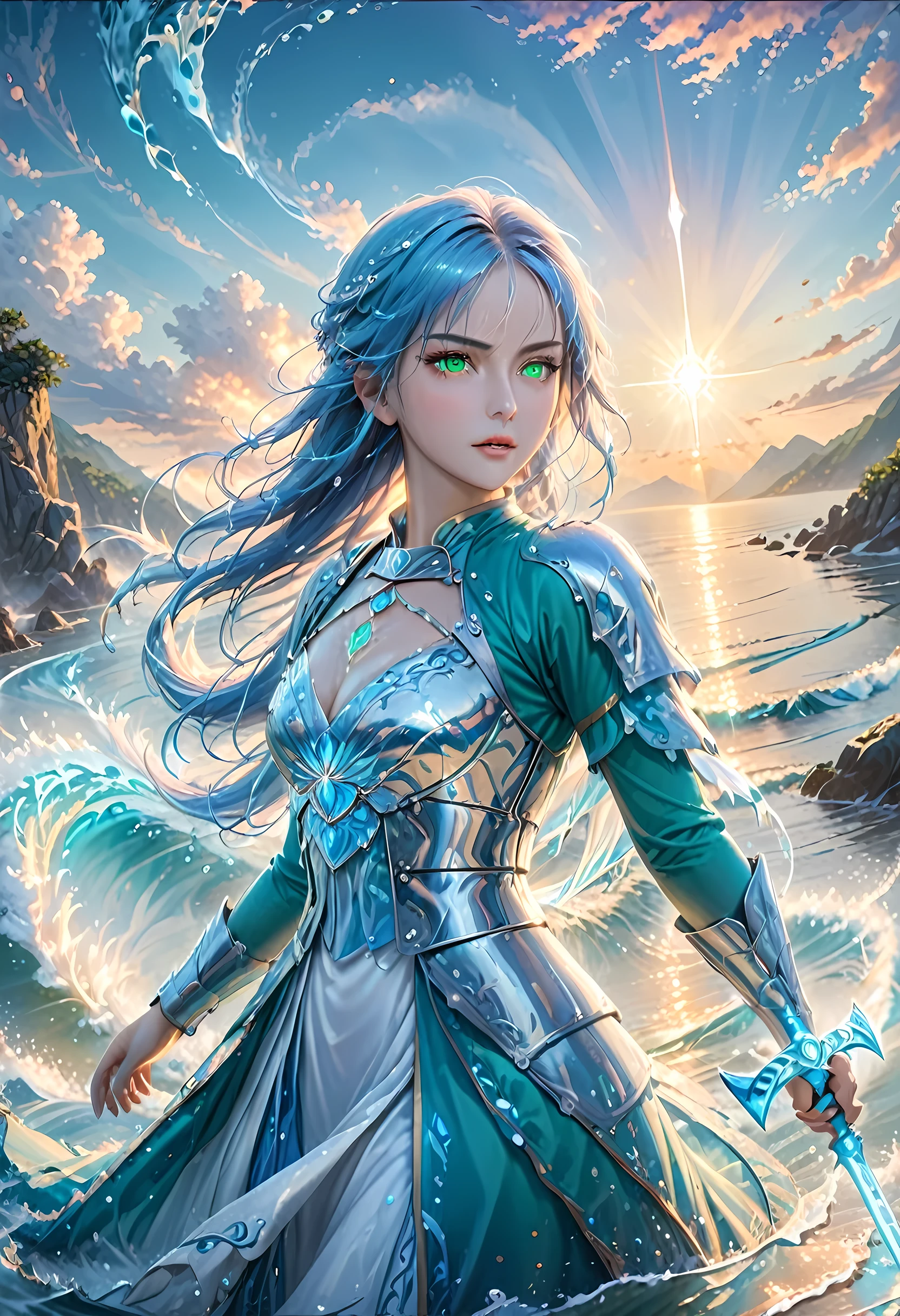 high details, best quality, 8k, [ultra detailed], masterpiece, best quality, (extremely detailed), full body, ultra wide shot, photorealistic, fantasy art, dnd art, rpg art, realistic art, an ultra wide picture of a female human (1.5 intricate details, Masterpiece, best quality) goddess of water  ((watery radiant aura)), controlling a swirling streams of watery magic (1.5 intricate details, Masterpiece, best quality), manipulating purple radiant magical symbols, [[divine symbols]] (1.5 intricate details, Masterpiece, best quality), human female, blue  hair, long hair with aura, hair with green radiant eyes, intense eyes, holding a trident, ((radiant eyes)), (( green glowing eyes)), dynamic clothing, fantasy sea background, stresms of sea water,  celestial  background, ((divine worship atmosphere)), high details, best quality, highres, ultra wide angle, ArmoredDress, faize