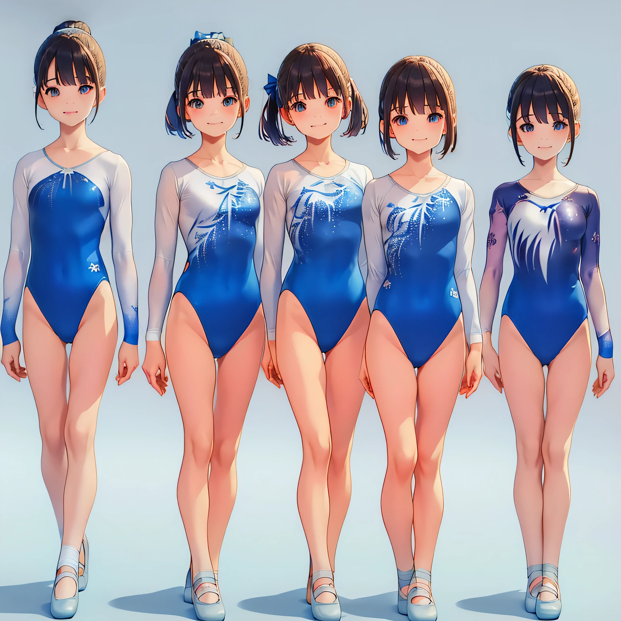 Gymnastics club,(4 girls:1.3),(long sleeves leotard:1.3),(brocade pattern leotard:1.3),(white leotard),full body, pony tail, blue ribbon, long hair,(body suit:1.2),(over ************, under 19 years old:1.2), ballet shoes, white background