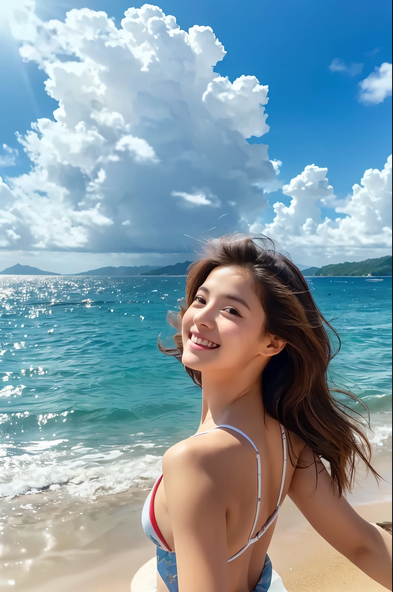 8K,Woman looking at the camera,1 超美people(Like the real thing), Blue sky and white clouds with warm sunshine, Smiling and gazing into the distance, The fine grains of sand on the beach sparkle in gold., The wind is accompanied by small waves. The distant island is surrounded by greenery, sexy, Her stunning beauty is like a ray of light, Captivating the whole of heaven and earth. . The beach dream scene will be more realistic for the audience., people々Make people feel like they&#39;re there, Enjoy the beauty,The perfect angle、Professional quality high resolution、Perfect contrast、Perfect lighting、Perfect composition、Perfect Skin、Perfect Fingers、Perfect breasts、Perfect Hair、Perfect Face、Realistic facial features,masterpiece,Photorealistic RAW photos,Bright colors,Rich colors,50mm lens,Nikon D850,super highest quality,Slim figure,Perfect body line,Perfect hand shape,Anatomical body balance,Highly detailed face,Highly detailed eyes,Beautiful Lips,Excellent light particles,Cinema Lighting,Makeup,Ultra-high resolution,Ultra-Realistic Skin,sexyな女性のクローズアップ,