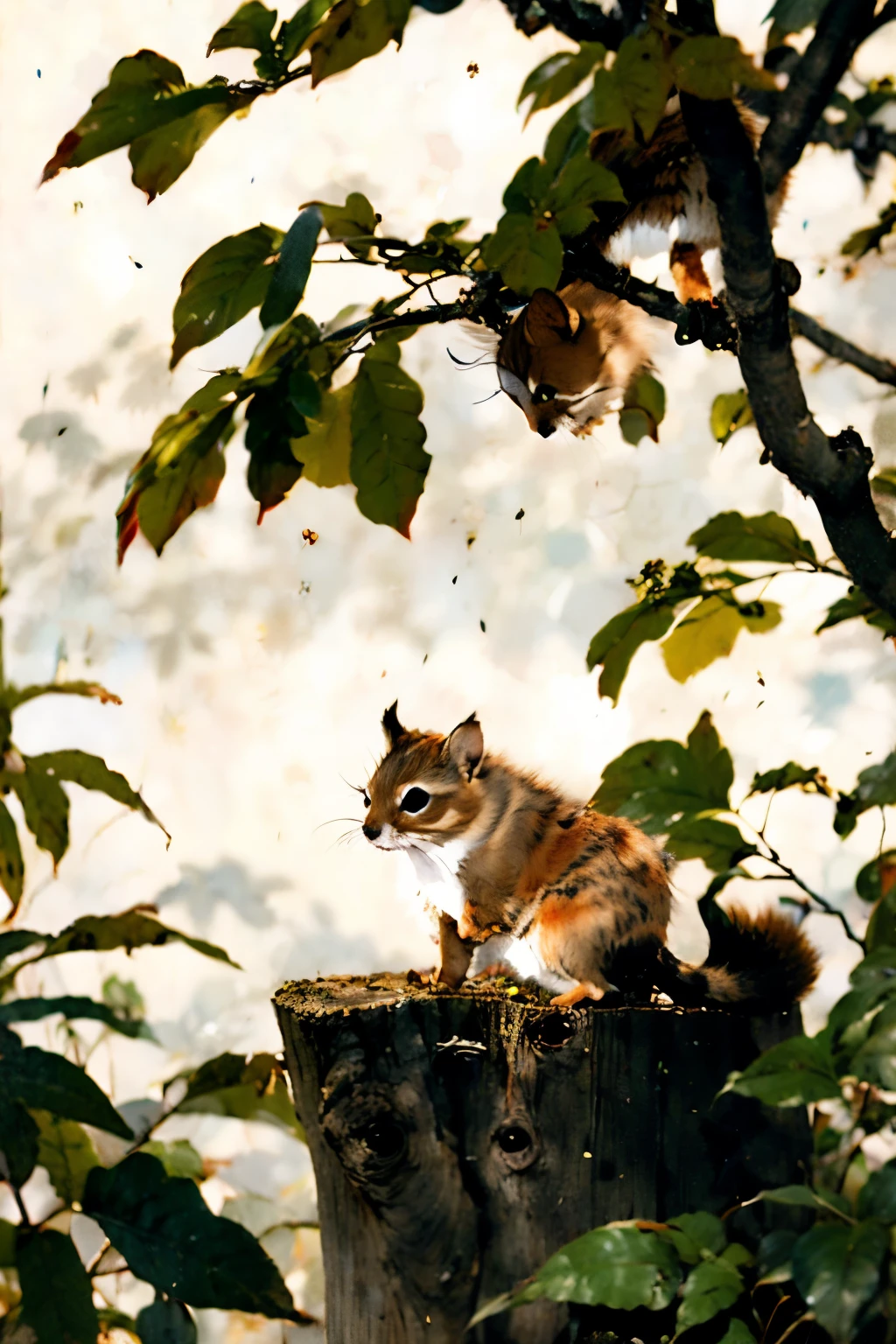 *******, 2 squirrels, fluffy hair, tree stump, Chinese ink painting, traditional art, plants, persimmon tree, animal illustration, delicate brushstrokes, soft colors, vertical composition, Asian art style, fine lines, soft shadows, serene scene, nature, watercolor, cultural artwork