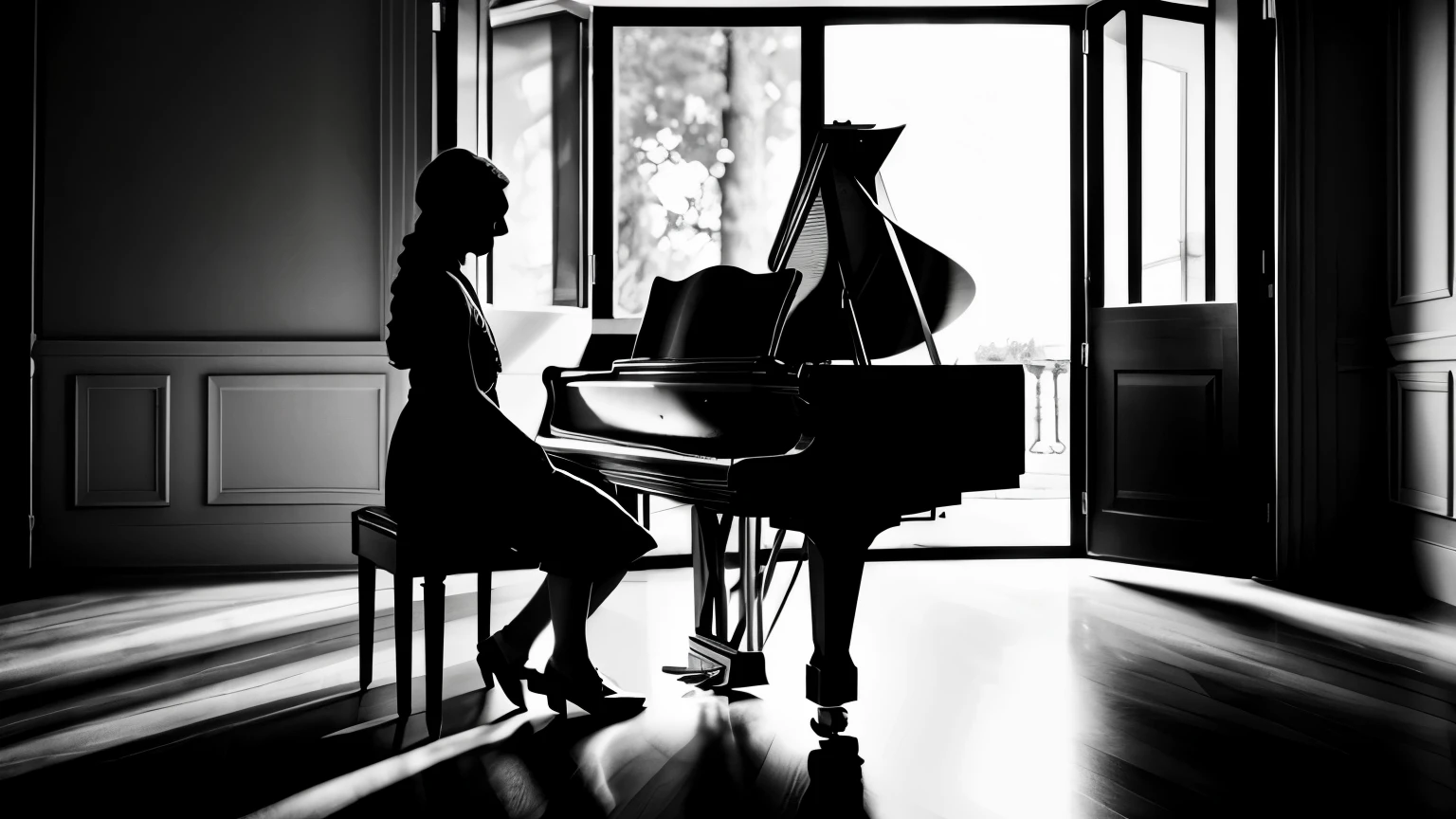  in a front of a piano, silhouette, inner light, black and white