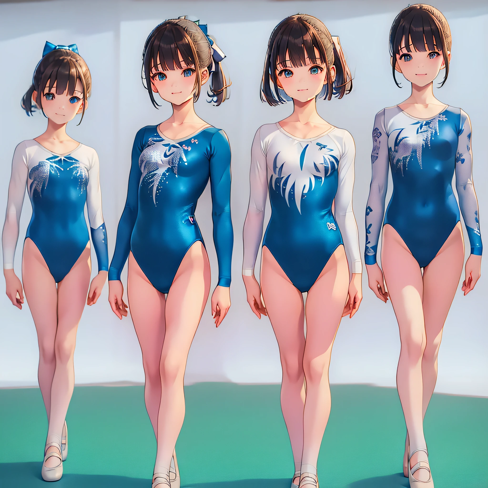 Gymnastics club,(4 girls:1.3),(long sleeves leotard:1.3),(brocade pattern leotard:1.3),(white leotard),full body, pony tail, blue ribbon, long hair,(body suit:1.2),(over ************, under 19 years old:1.2), ballet shoes, white background