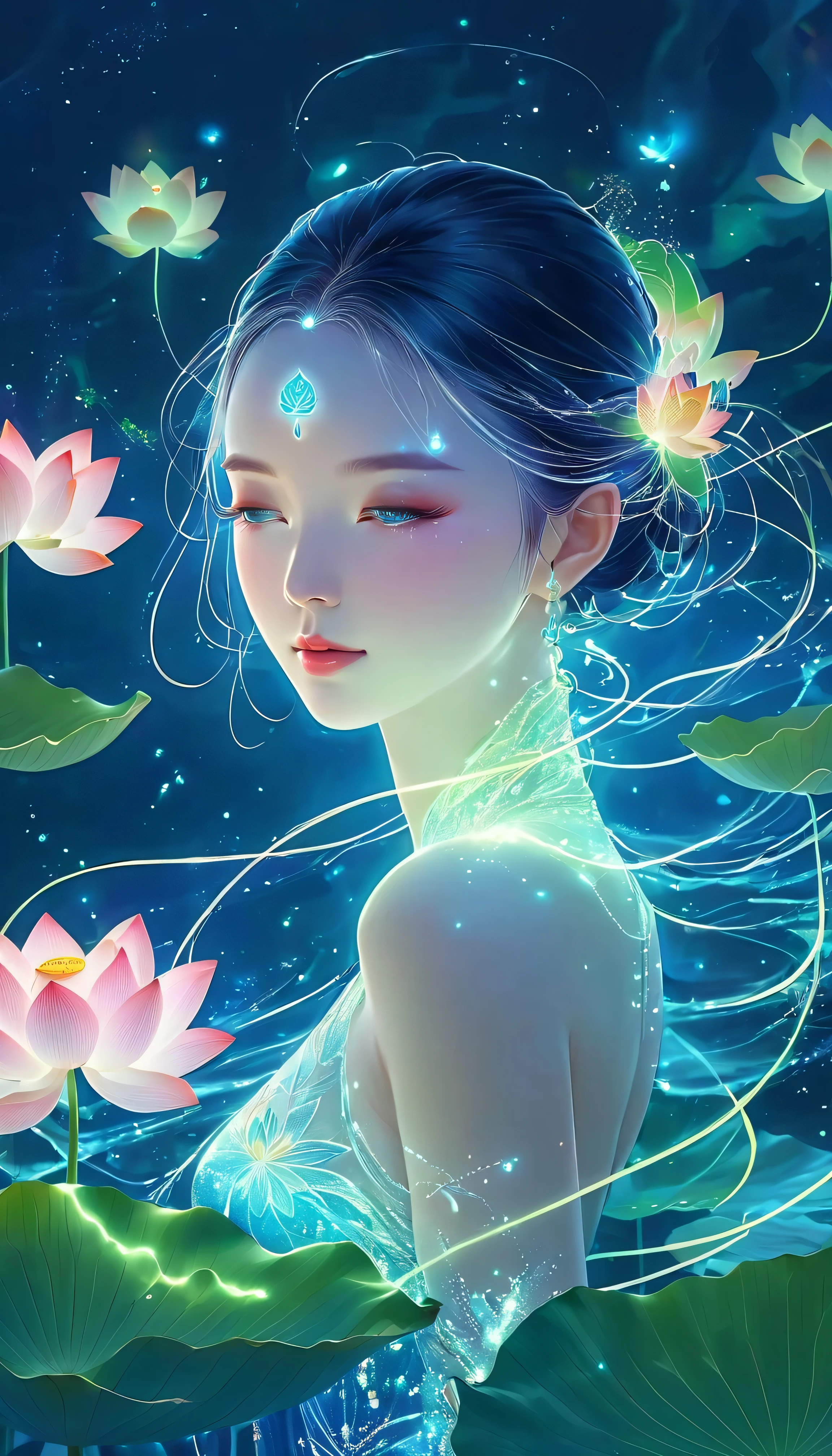 (masterpiece, best quality:1.2), Digital Art Style, charming illustration,peace pictures，ethereal beauty，Energy dissipation，Fairy, beautiful eyes，Lotus Corolla，Tall lotus，solitary，Body Glow，glowing lines，Fluorescence,Glow Example，Sample tracking，flash，萤Light Particles，Backlight，translucent，Light Particles，Correct human ???????，