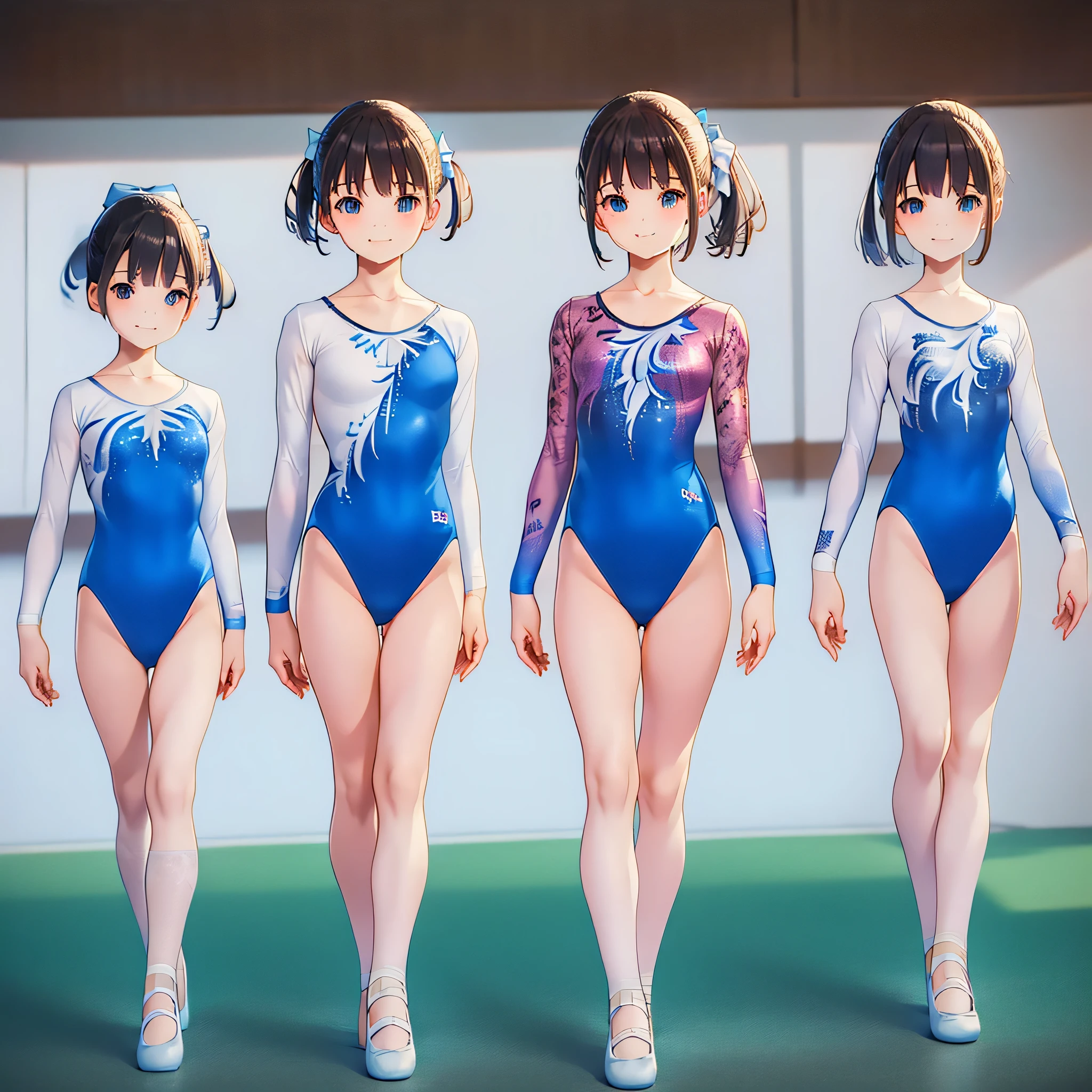 Gymnastics club,(4 girls:1.3),(long sleeves leotard:1.3),(brocade pattern leotard:1.3),(white leotard),full body, pony tail, blue ribbon, long hair,(body suit:1.2),(over ************, under 19 years old:1.2), ballet shoes, white background