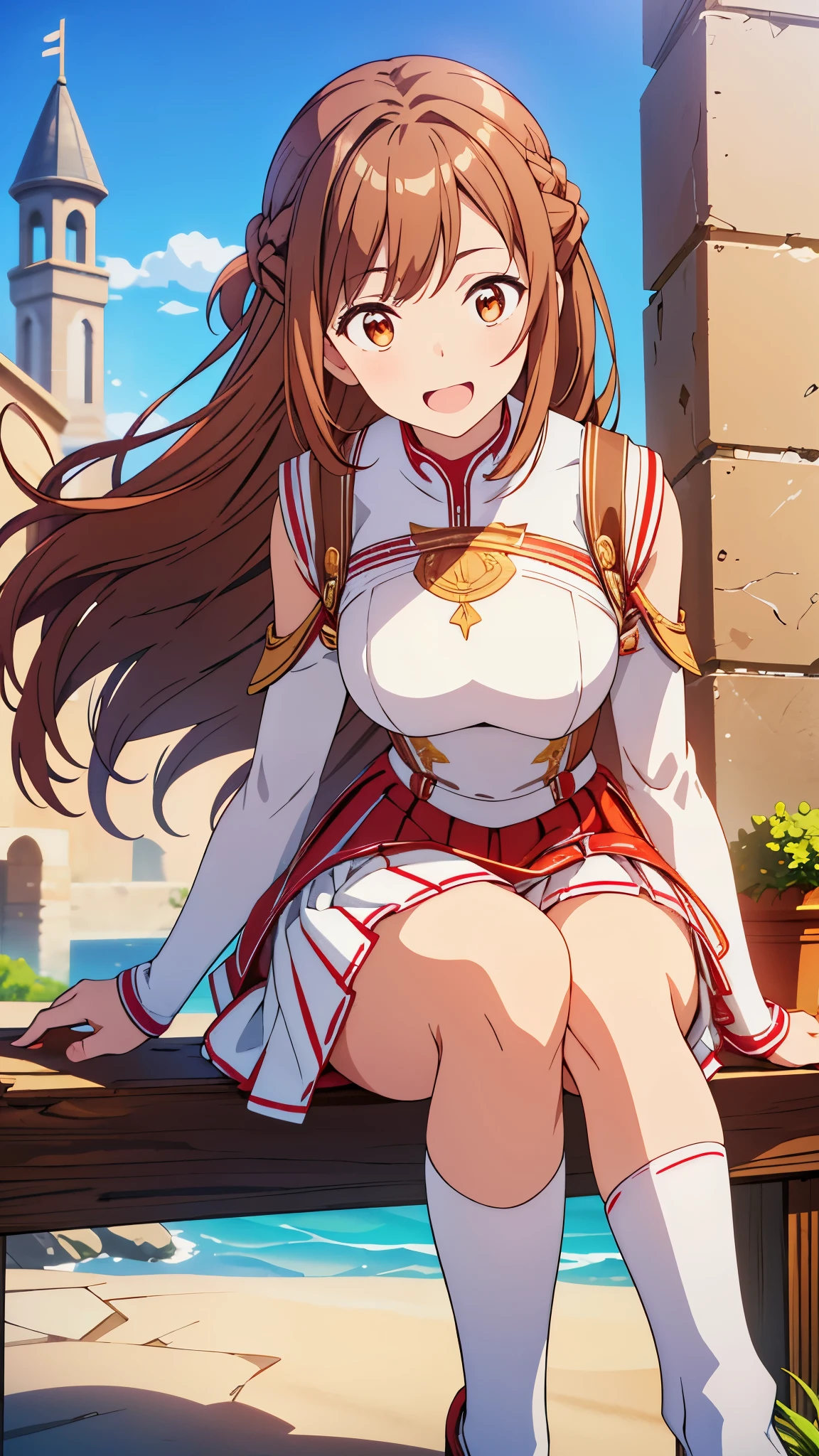 masterpiece, highest quality, High resolution, Ah ah, Long Hair, Brown Hair, Braiding, Brown eyes, Exposing shoulders, armor, breastplate, White sleeves, Removable sleeves, Red Skirt, Pleated skirt, White knee socks, wave hands, smile, Leaning forward, Open your mouth, town, Fantasy
