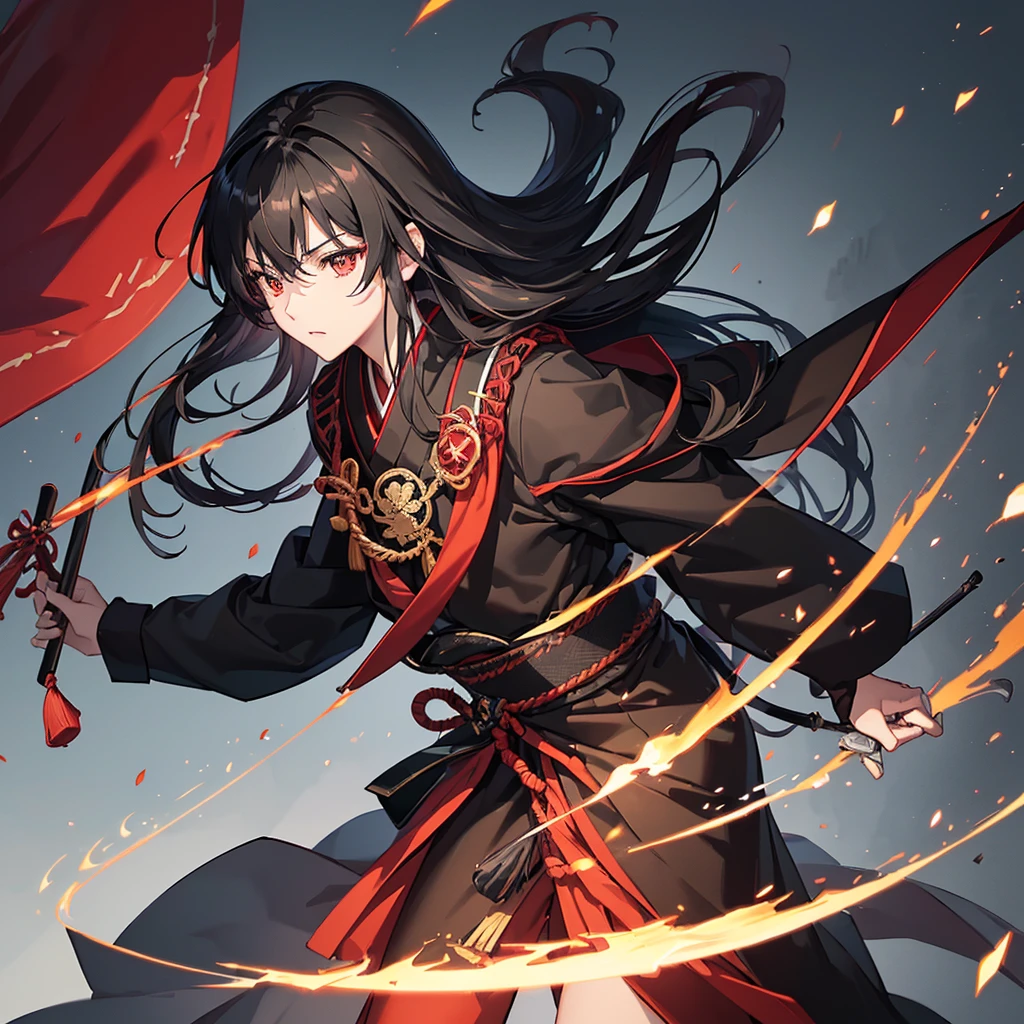 ((blackい髪 Long Hair black Military commander one person Lonely Red Flag)) ((night Japanese style old)) (Dance Shining Japan sword Draw your sword) moon star Draw your sword Slashing Catch the wind print Tense face