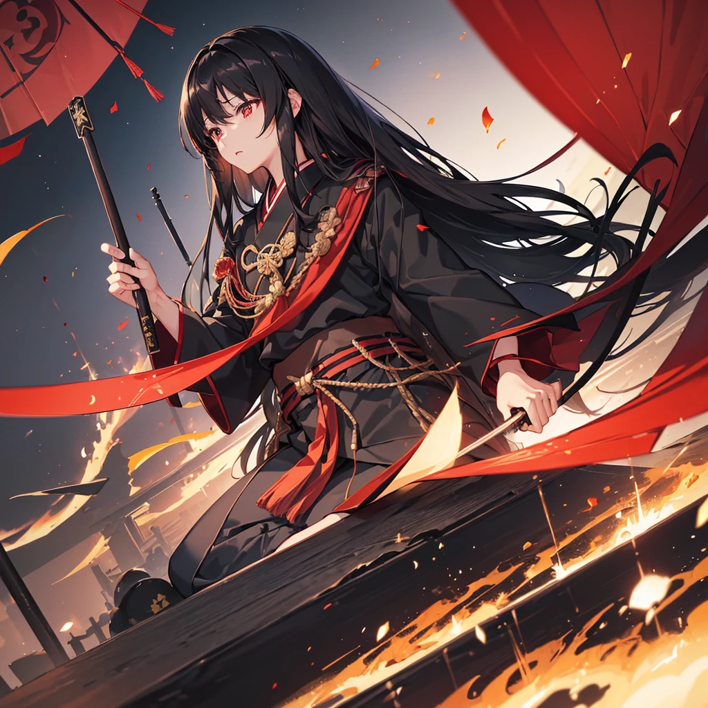 ((blackい髪 Long Hair black Military commander one person Lonely Red Flag)) ((night Japanese style old)) (Dance Shining Japan sword Draw your sword) moon star Draw your sword Slashing Catch the wind print Tense face