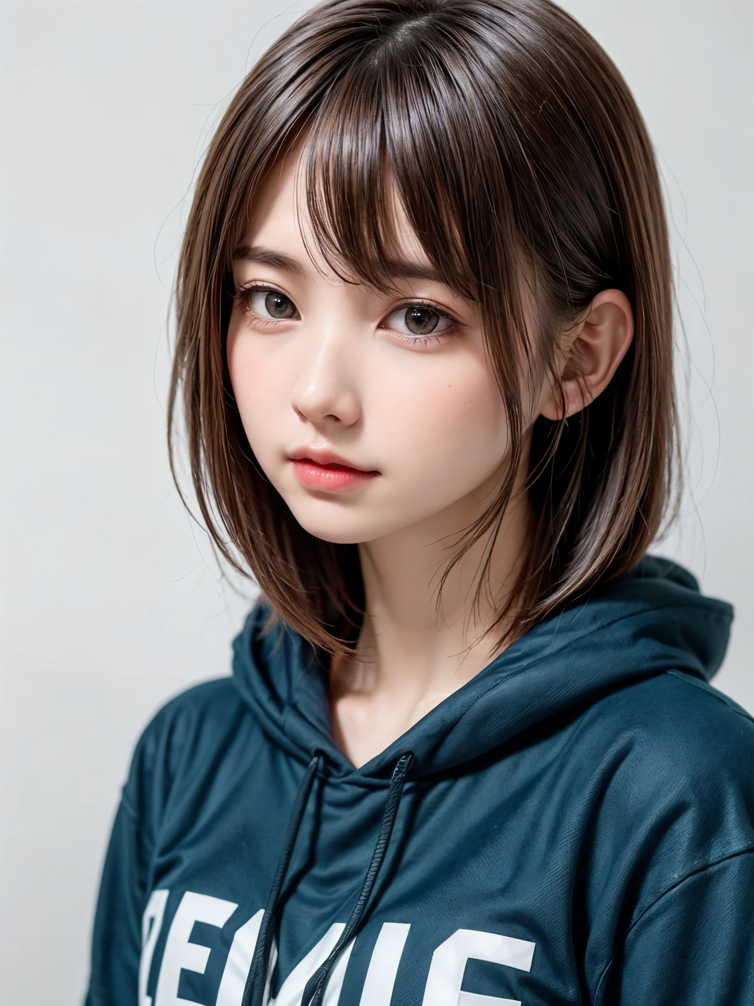 1 girl, alone, alone focus, Cowboy Shot, Portraiture, Oversized hoodie, Aqua green and white hoodie, Half watercolor, Half Green, ((Brown Hair)), (Yellow Hair), (Gradient Hair :1.5), Curly Hair, ((Pink Eyes)), Very detailedな目, Sunburn, (Dark caramel skin:1.1、{huge|big|hugeな|Mega} chest, chestの谷間), highest quality, Very detailed, very beautiful、White Background, Simple Background
